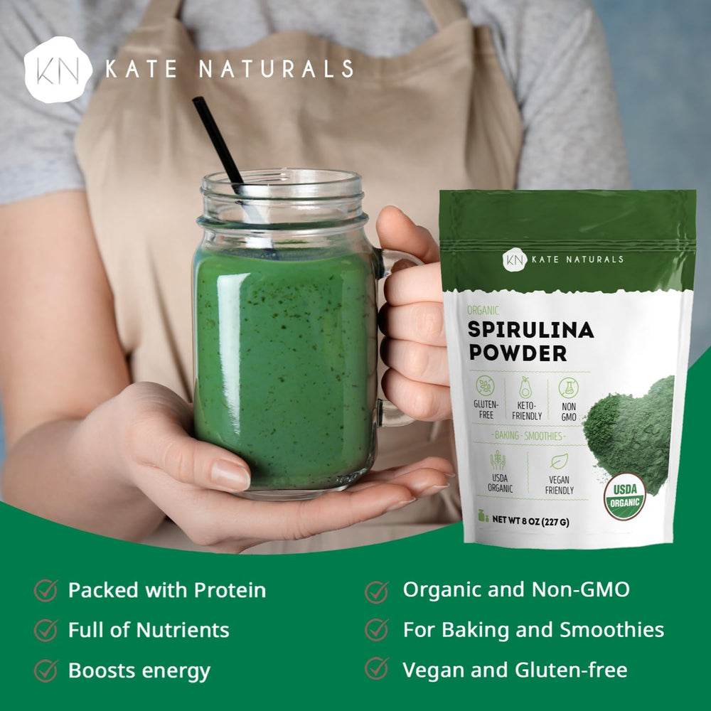 Kate Naturals spirulina powder in smoothie demonstrates vibrant color and smooth blending