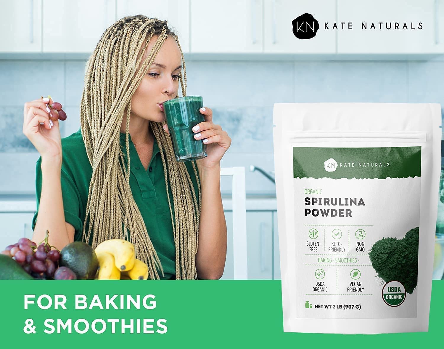 Kate Naturals spirulina powder ingredients label highlights protein and iron.