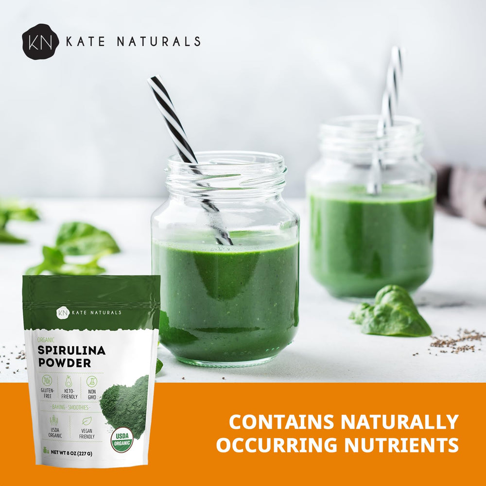 Kate Naturals spirulina powder label emphasizes USDA organic and non-GMO certification