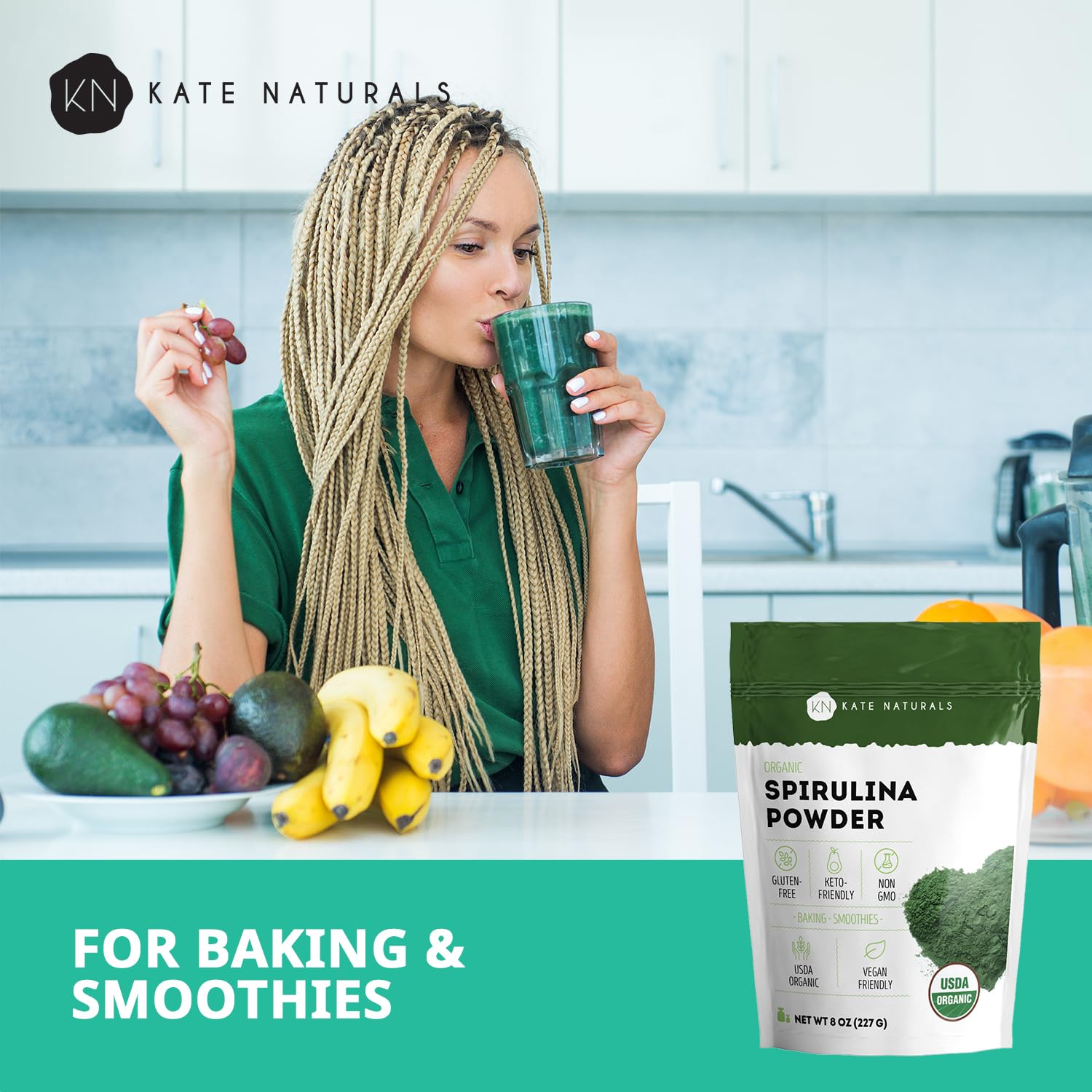 Kate Naturals spirulina powder packaging highlights resealable container for freshness
