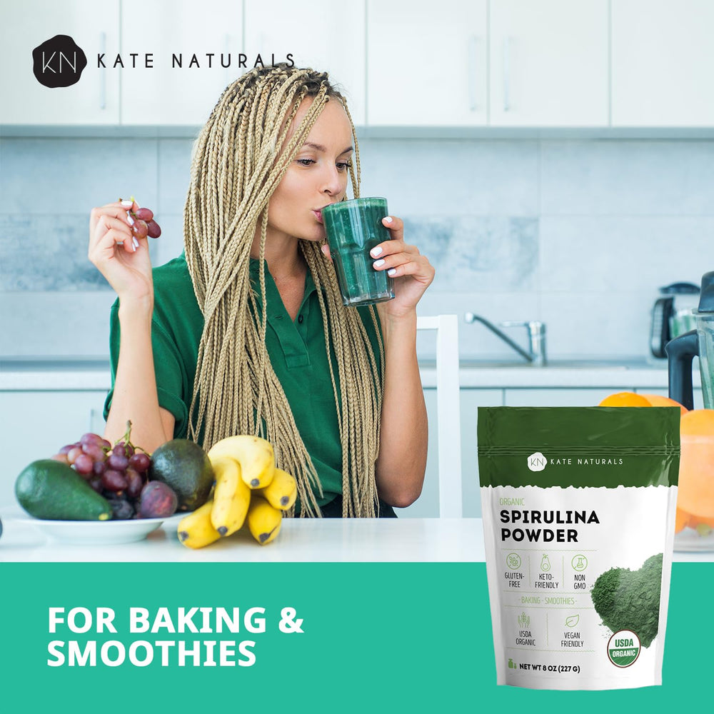 Kate Naturals spirulina powder packaging highlights resealable container for freshness