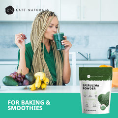Kate Naturals spirulina powder packaging highlights resealable container for freshness
