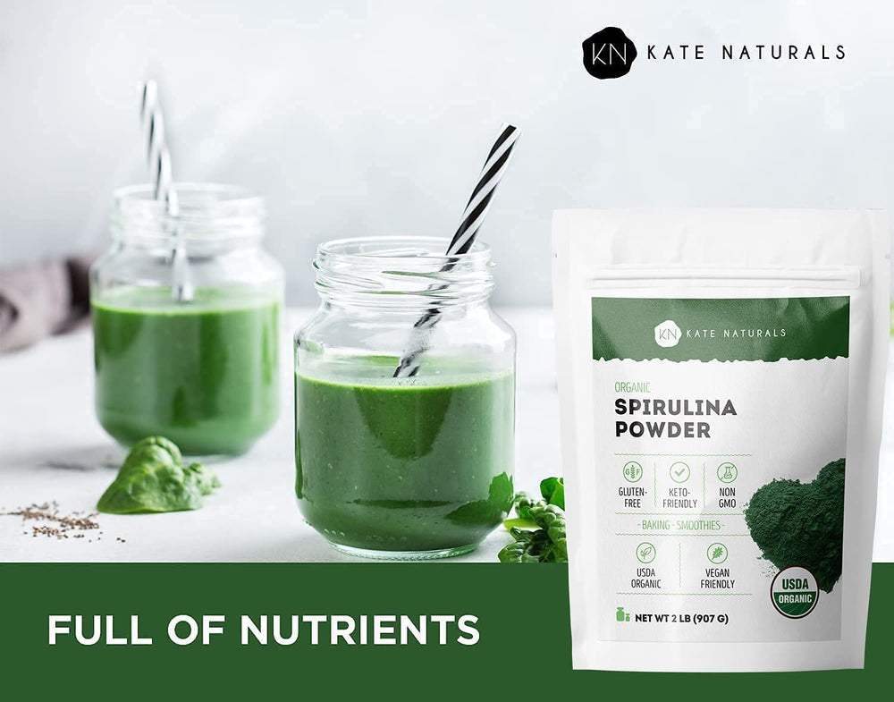 Kate Naturals spirulina powder smoothie shows vibrant greens for nutrient-dense beverages.