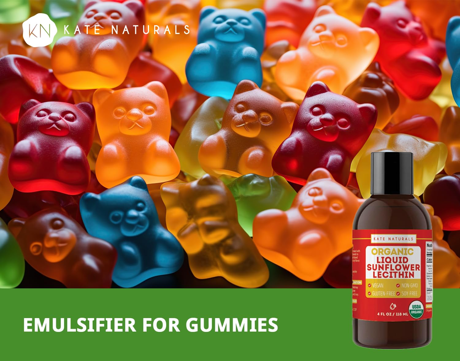 Kate Naturals liquid lecithin enhances baking emulsification.