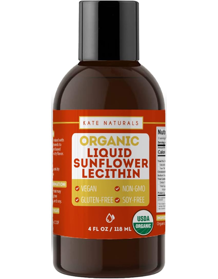 Kate Naturals sunflower lecithin liquid bottle, ideal emulsifier for sauces.