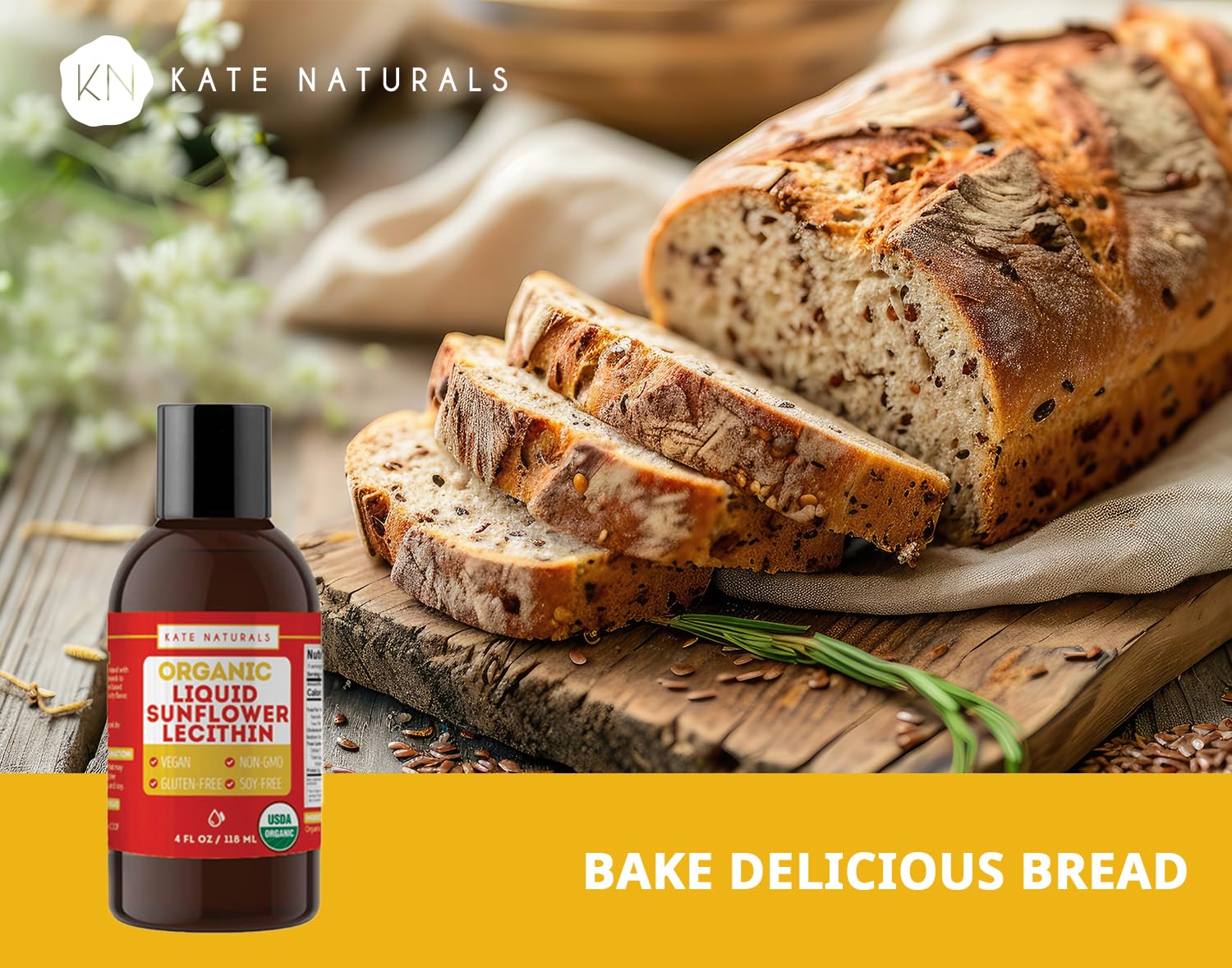 Kate Naturals sunflower lecithin liquid bottle with organic label.
