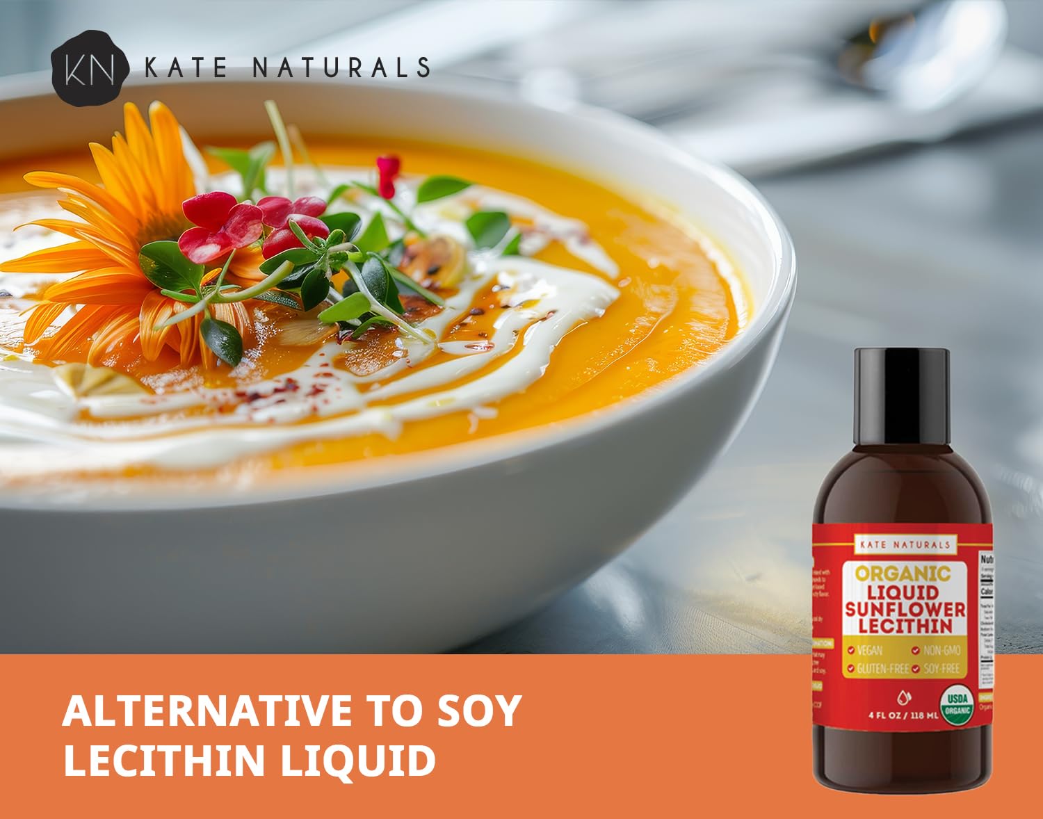 Kate Naturals sunflower lecithin liquid packaging highlights vegan gluten-free formula.