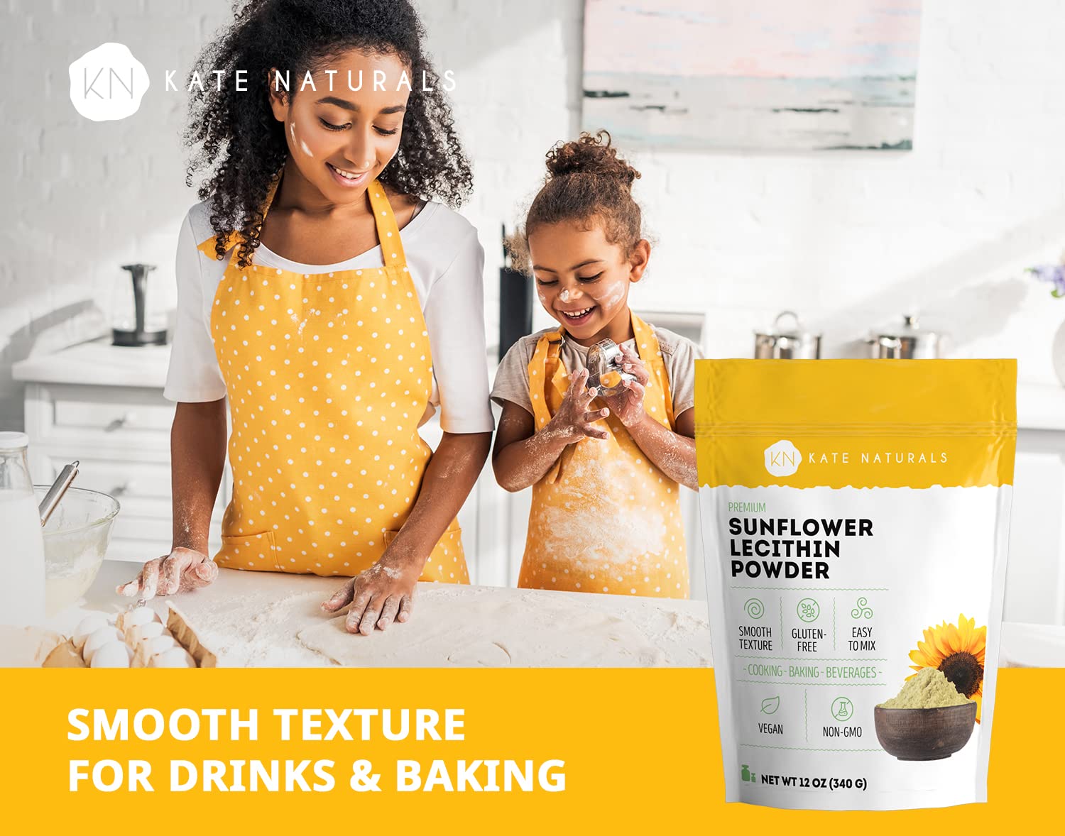 Kate Naturals sunflower lecithin powder blends smoothly into batters and doughs.