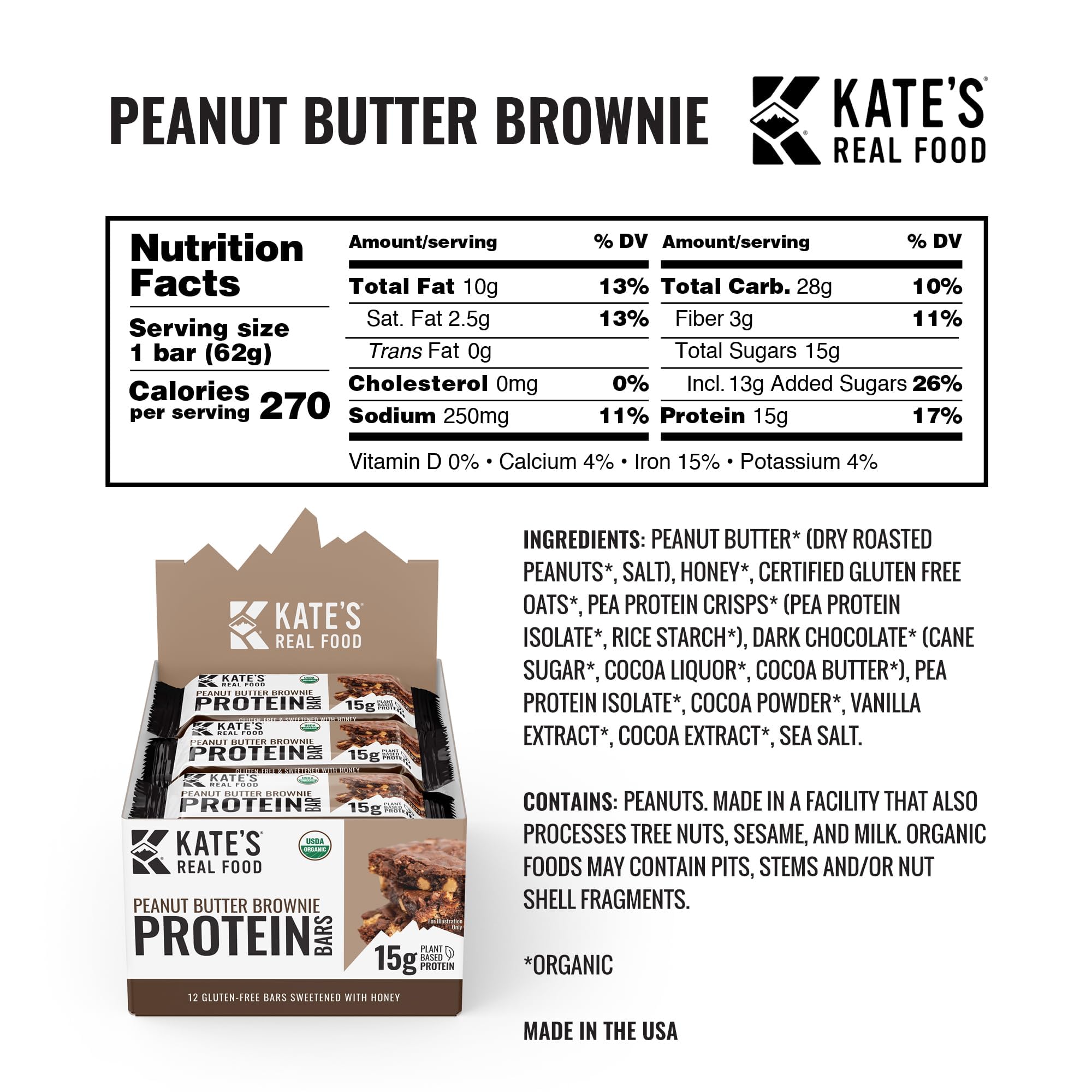 Kate's Real Food bar closeup shows dark chocolate and nut butter for satisfying flavor.