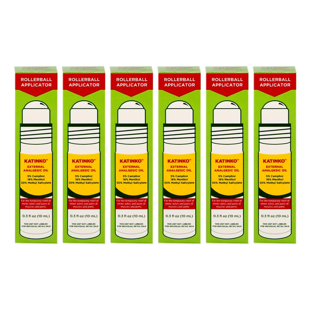 Katinko external analgesic oil roll-on bottle closeup for fast cooling relief.