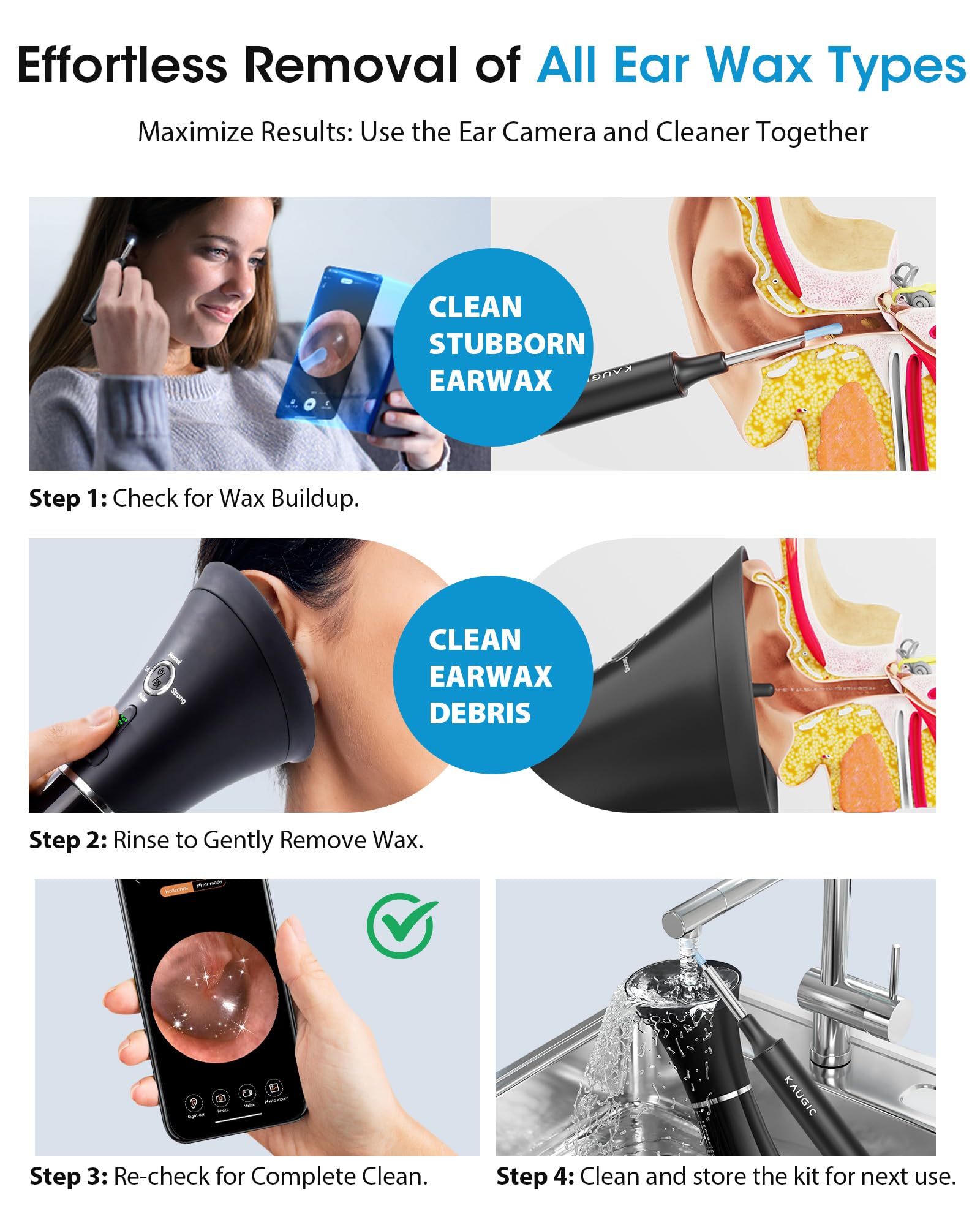 KAUGIC ear cleaner flush action demonstrates gentle irrigation for safe cleaning.
