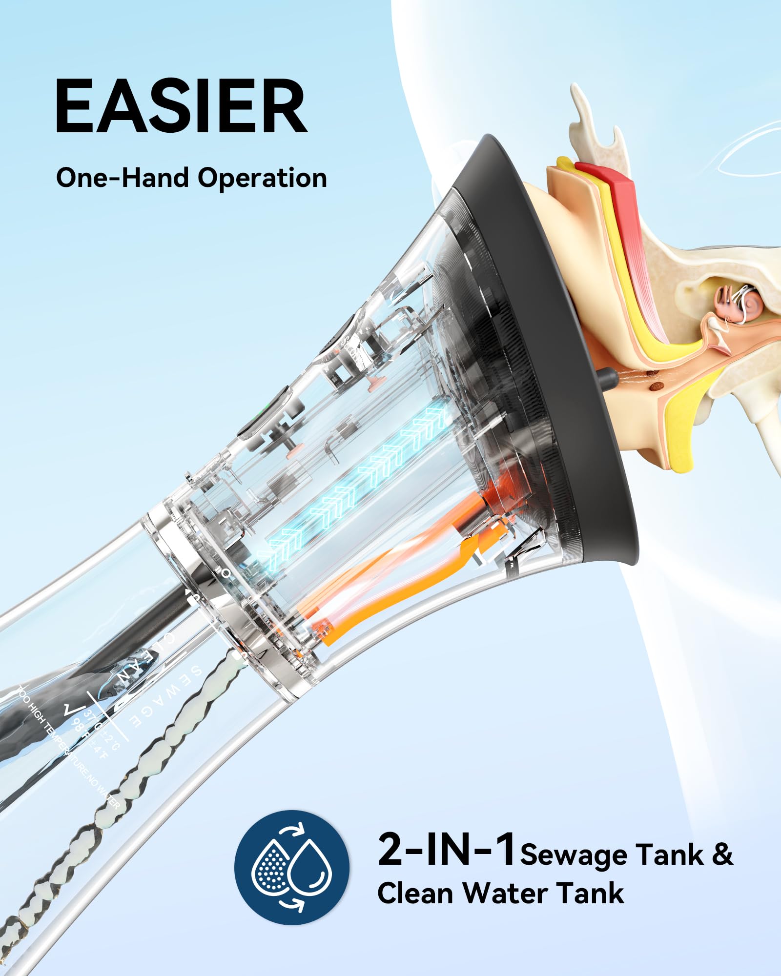 Integrated tank design for KAUGIC ear cleaner with continuous flow