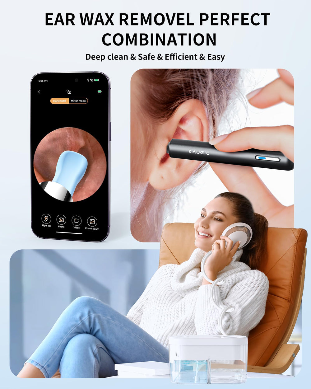 KAUGIC ear irrigation system in use demonstrates gentle, adjustable water flow for comfortable cleaning.