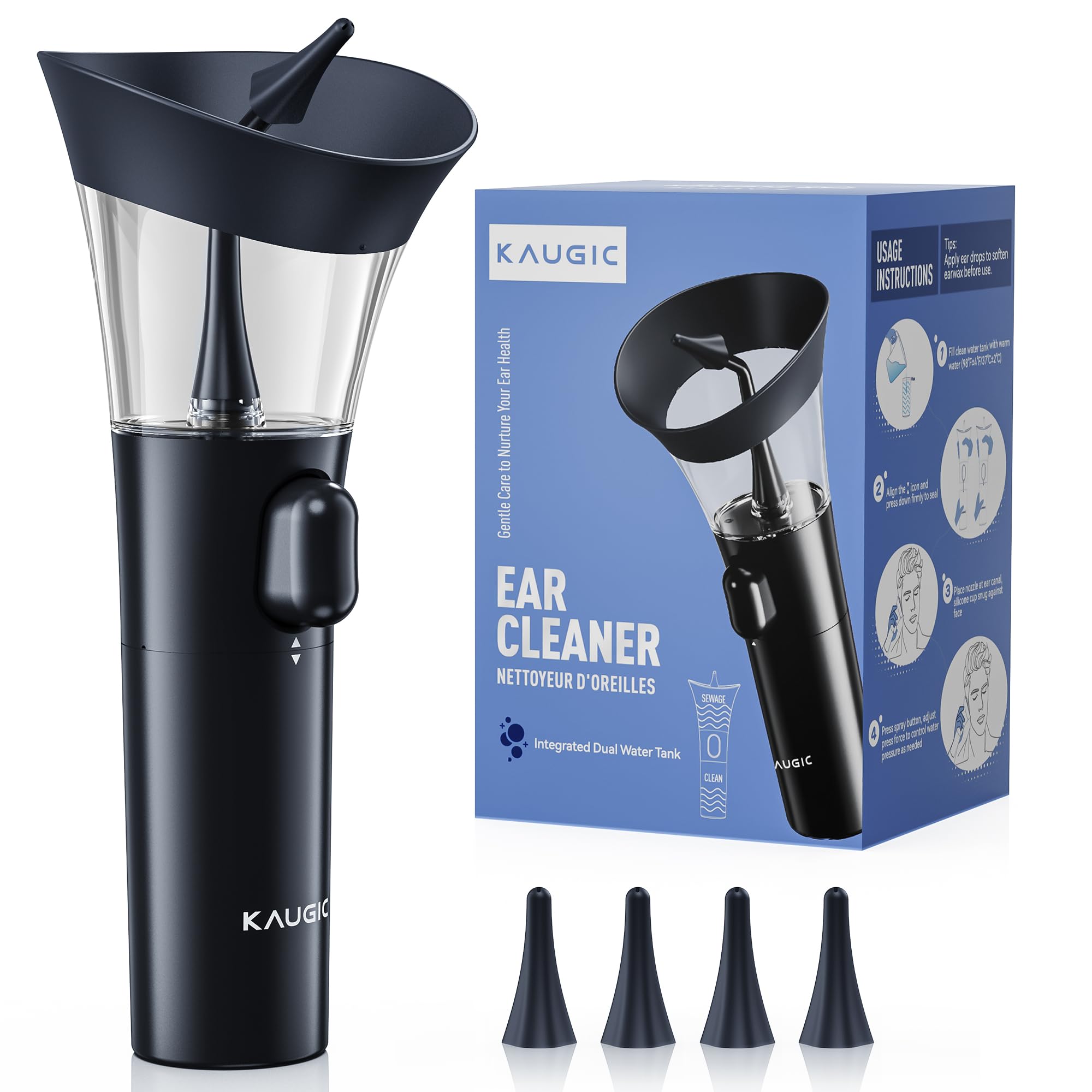 KAUGIC manual ear wax cleaner with dark blue handle showing a comfortable one-handed grip.