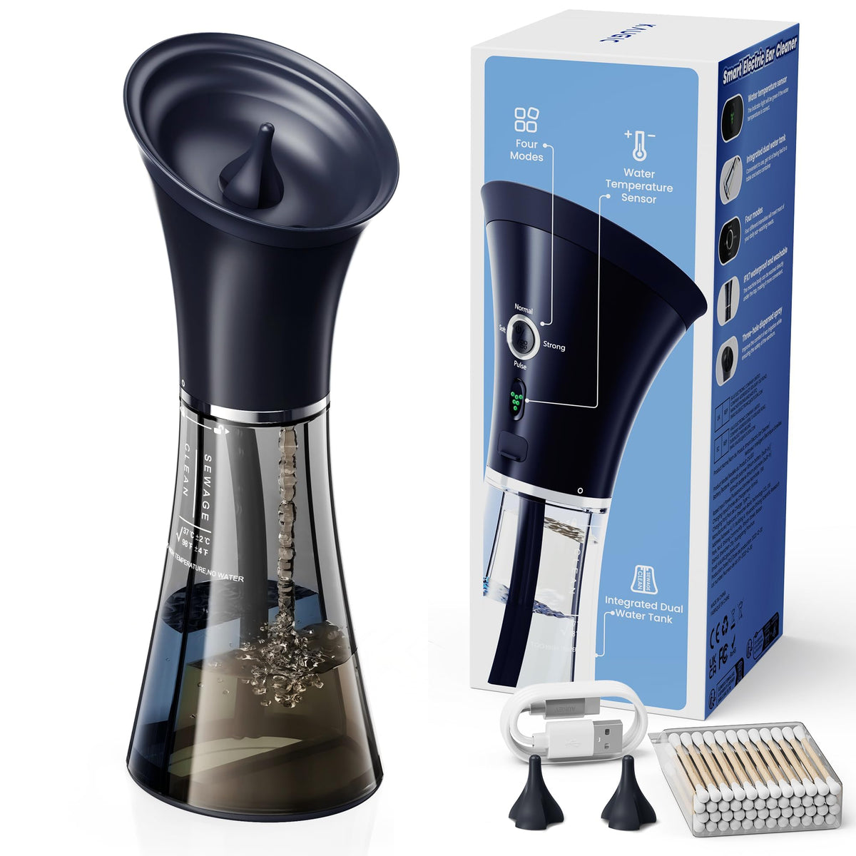 KAUGIC upgraded ear-wax removal device with clear tank for simple cleaning.
