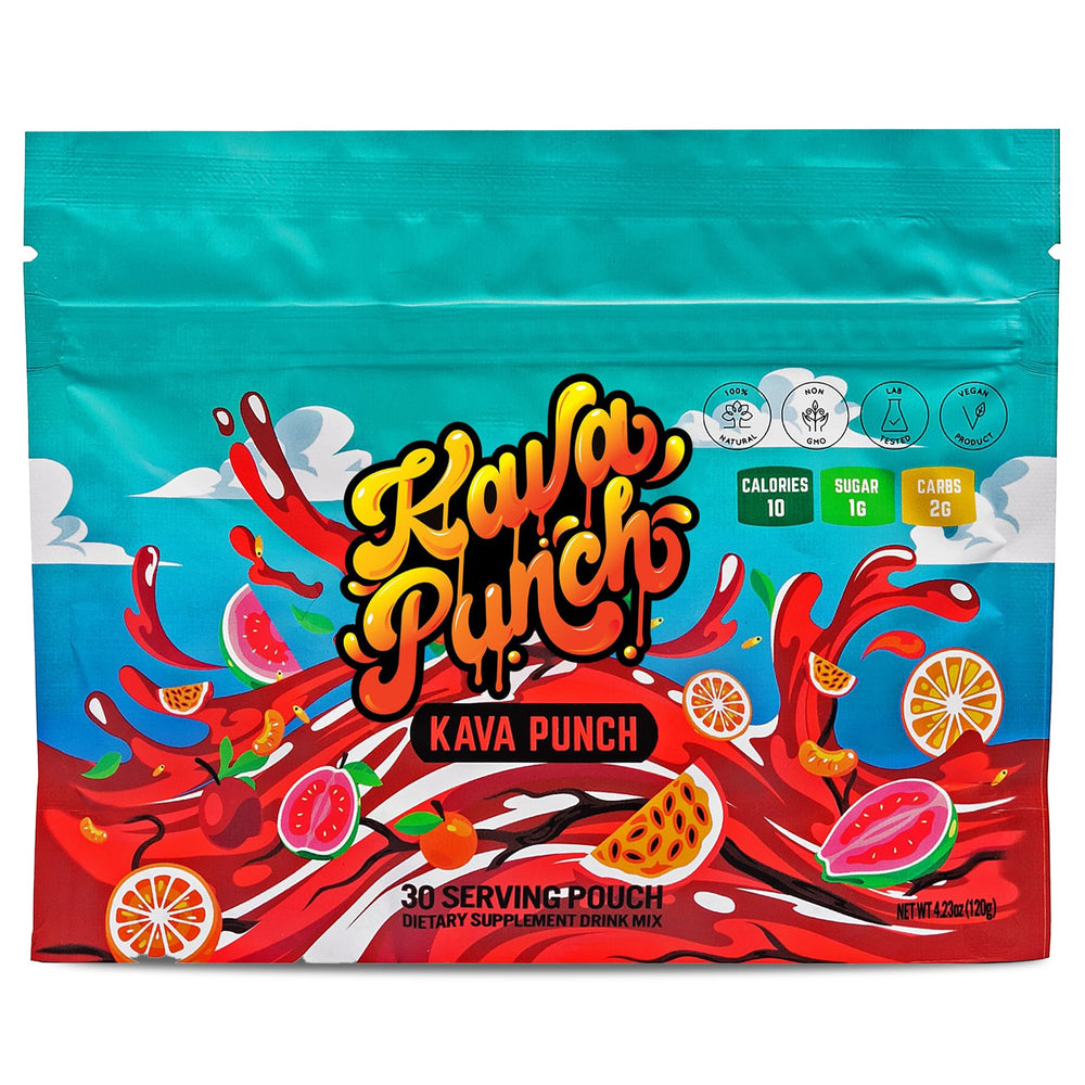 KAVA PUNCH relaxation powder pack ready to mix for a calm evening.
