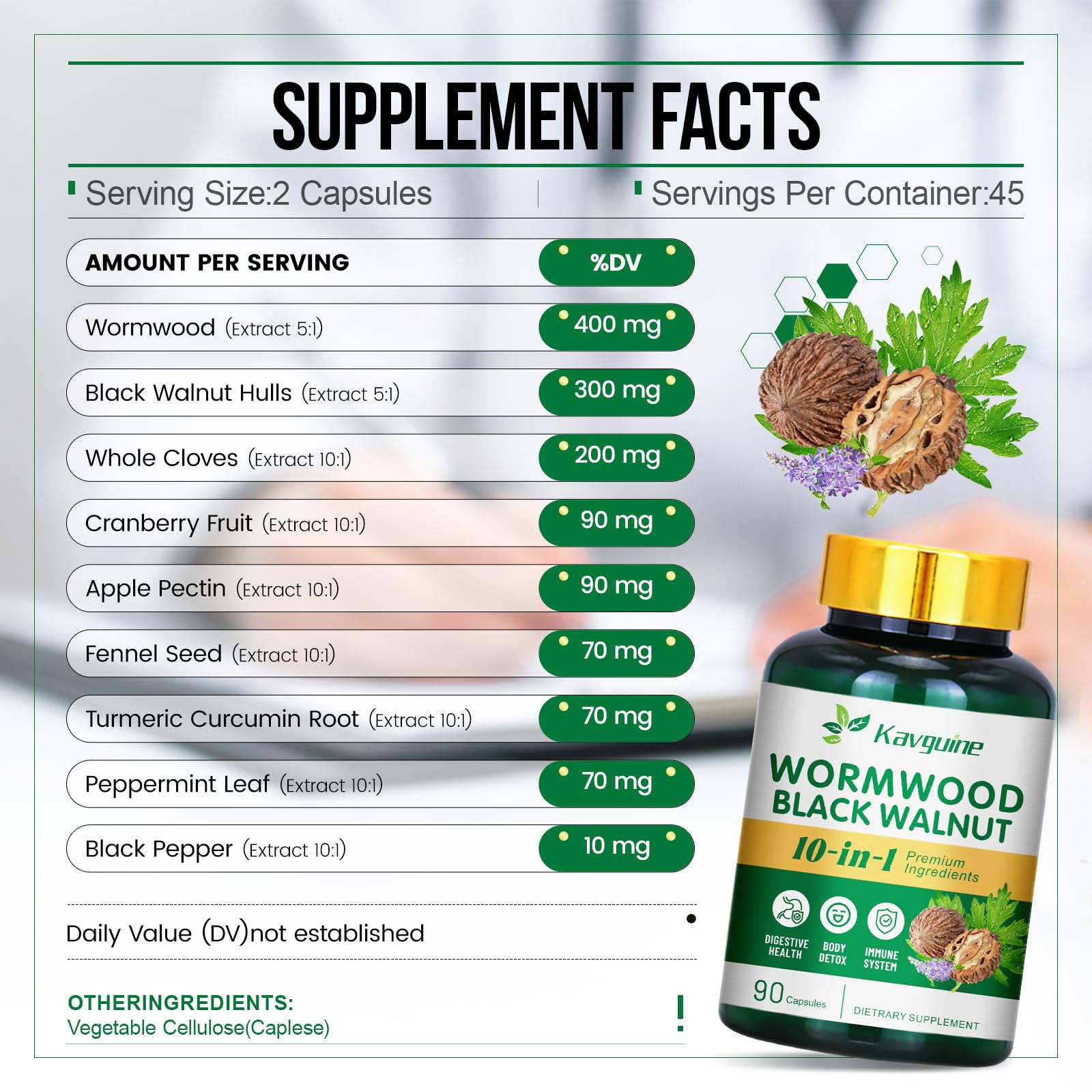 Kavguine ingredients with black walnut and clove highlighting gut support.