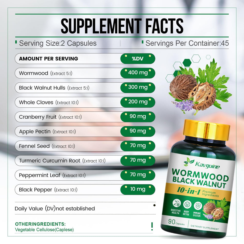 Kavguine ingredients with black walnut and clove highlighting gut support.