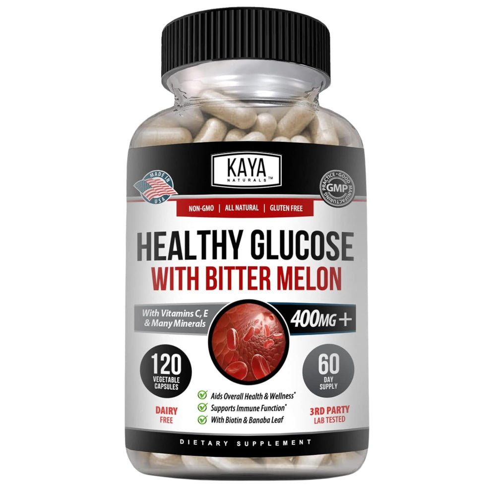 Kaya Naturals Healthy Gluco bottle shown for easy daily wellness support.