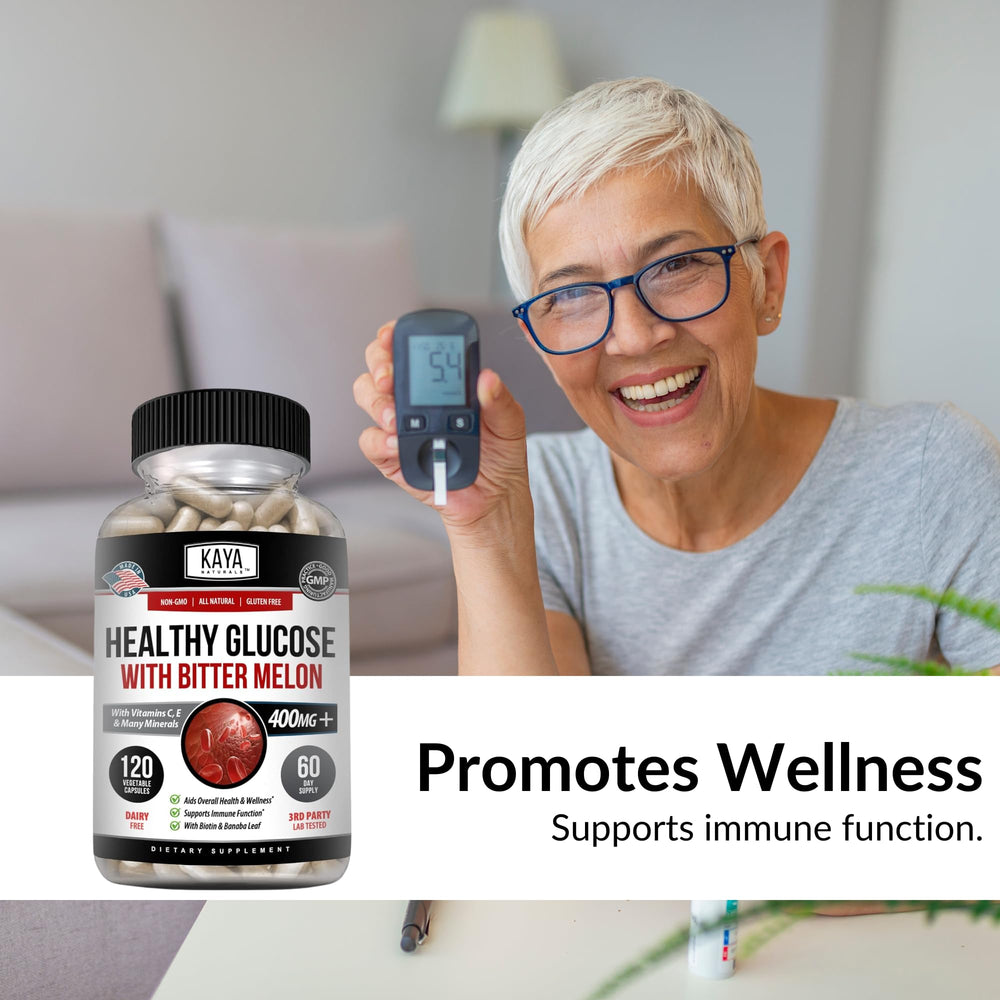 Capsules in Kaya Naturals Healthy Gluco bottle for convenient daily dosing.