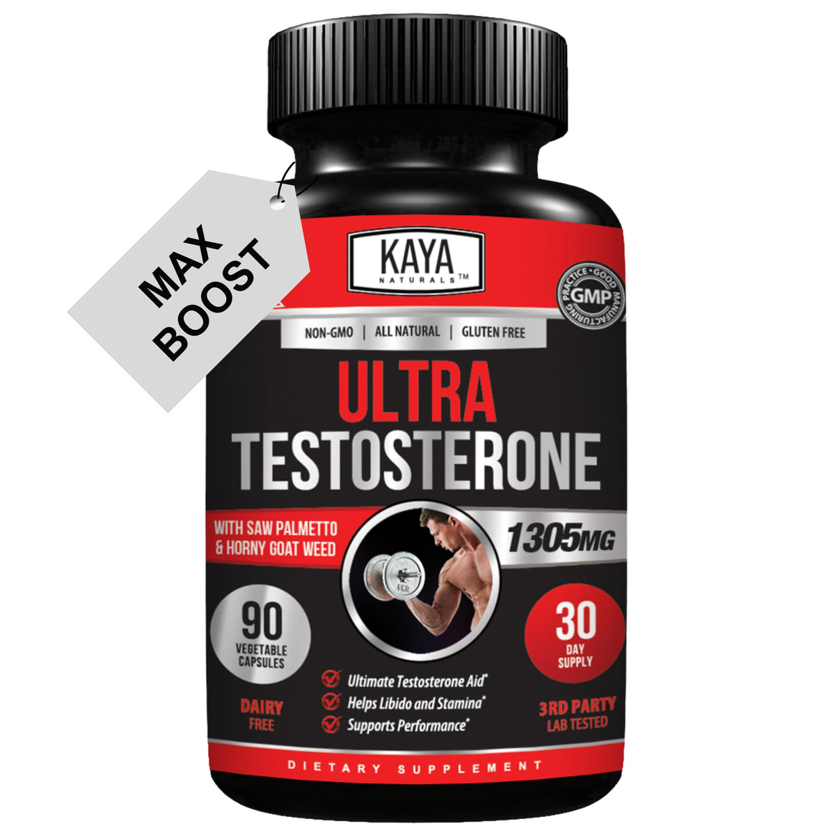 Kaya Naturals Ultra Testosterone bottle showing energy support for workouts.