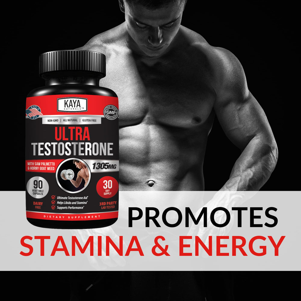 Kaya Naturals Ultra Testosterone capsules arranged for everyday stamina.