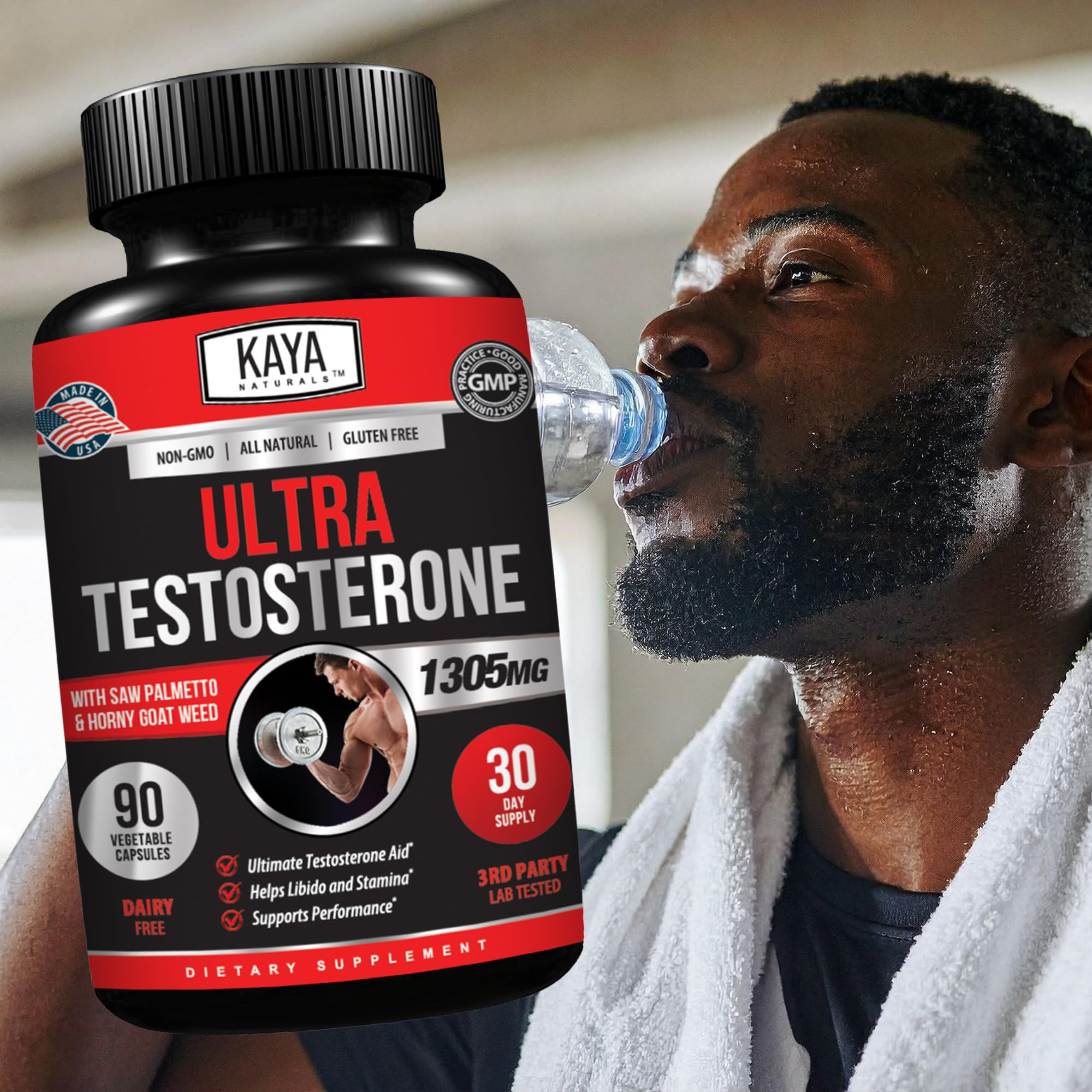 Kaya Naturals Ultra Testosterone gym setup with bottle.