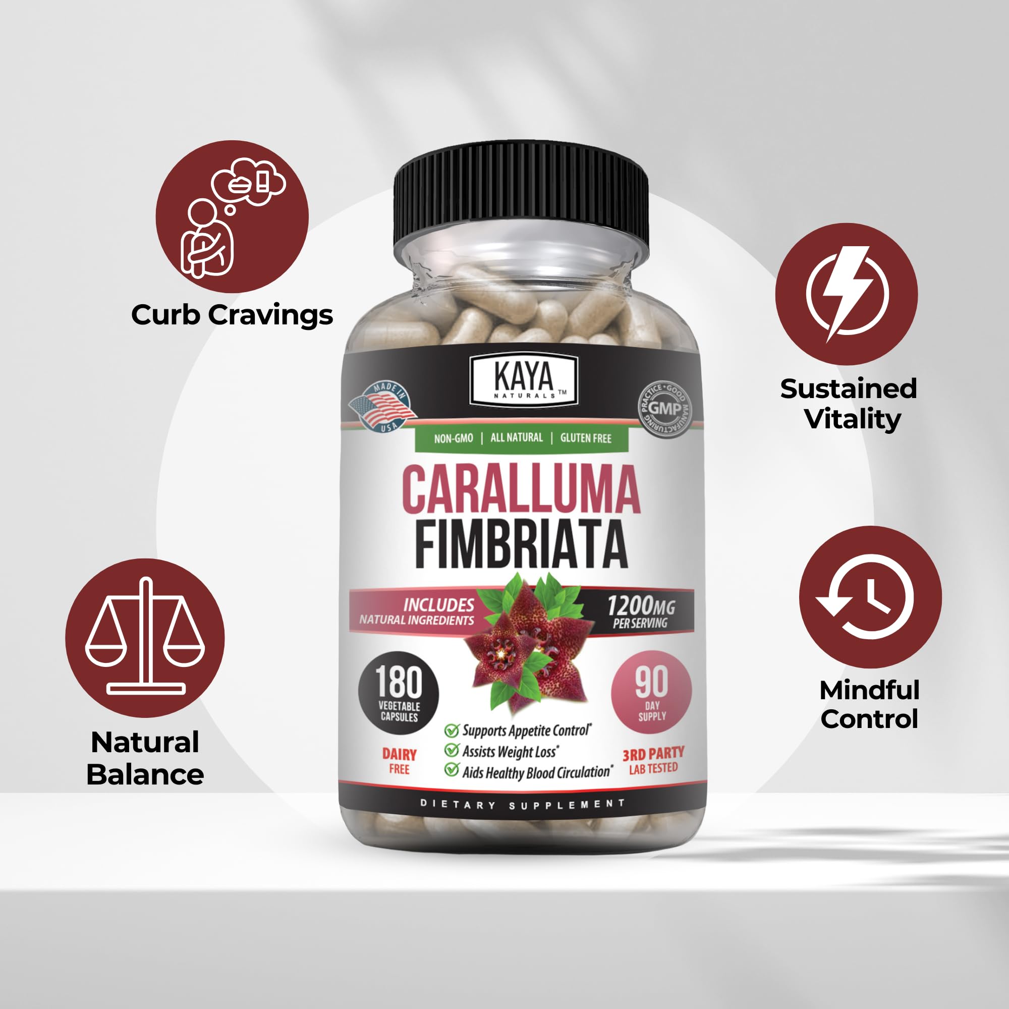 Kaya Naturals Caralluma Fimbriata ingredients list emphasizing natural, non-GMO formula