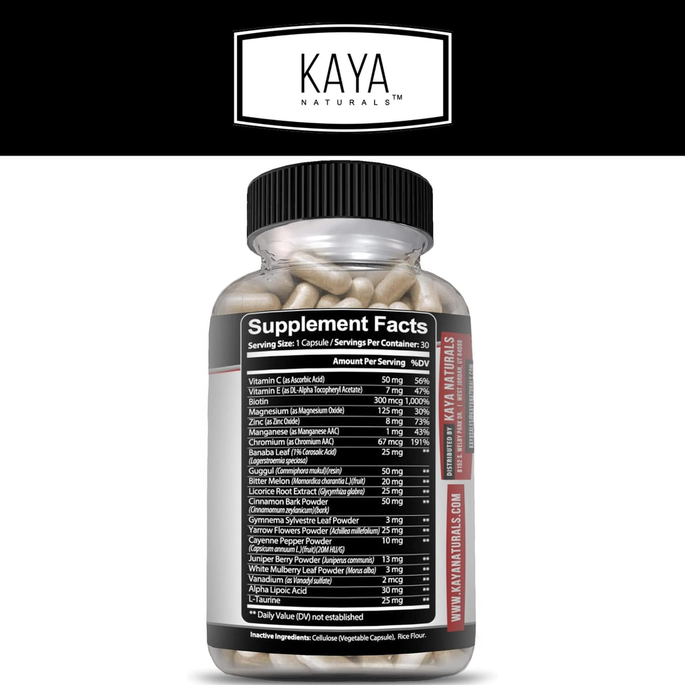 Kaya Naturals Healthy Gluco bottle label highlights non-GMO formula