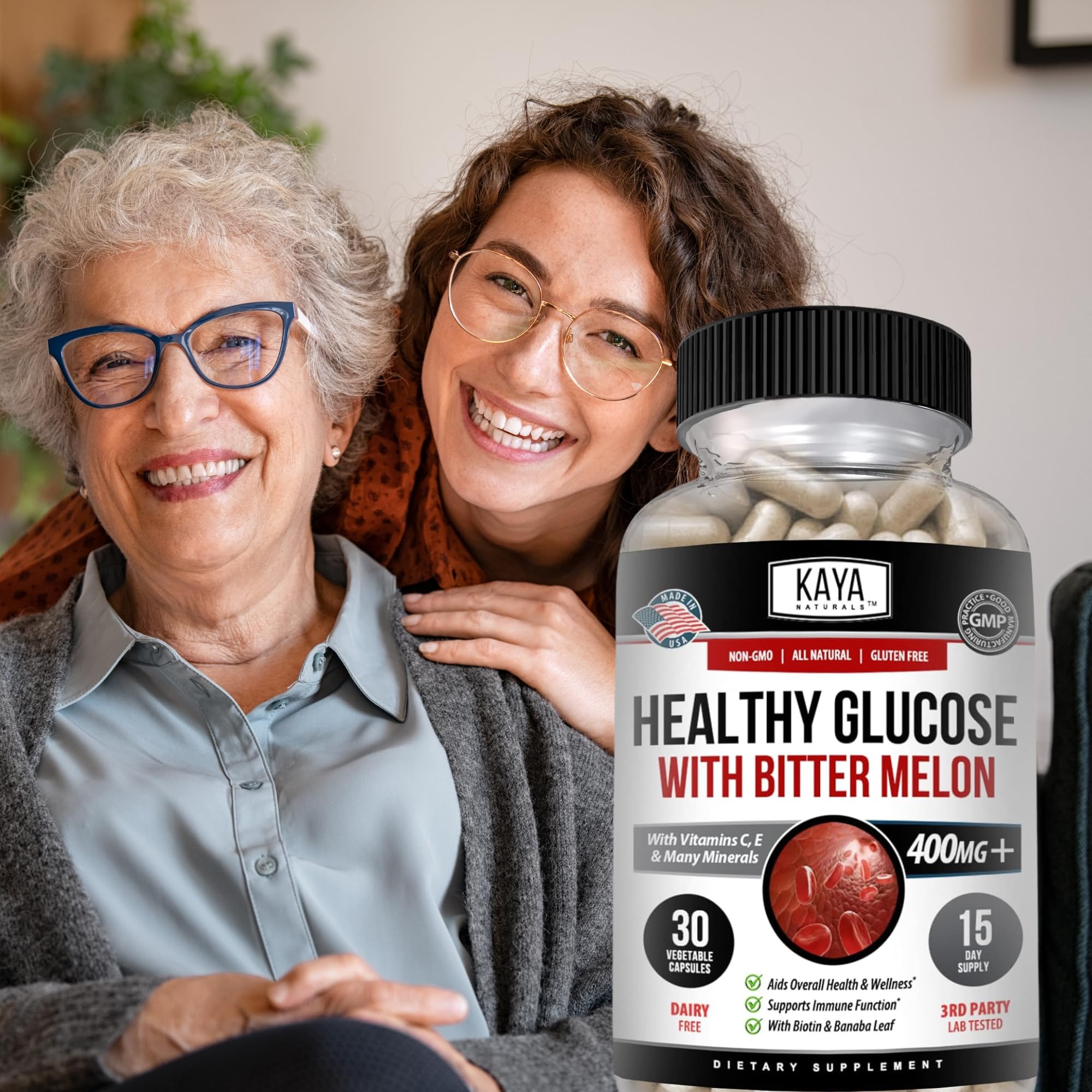 Kaya Naturals Healthy Gluco GMP facility seal on product image