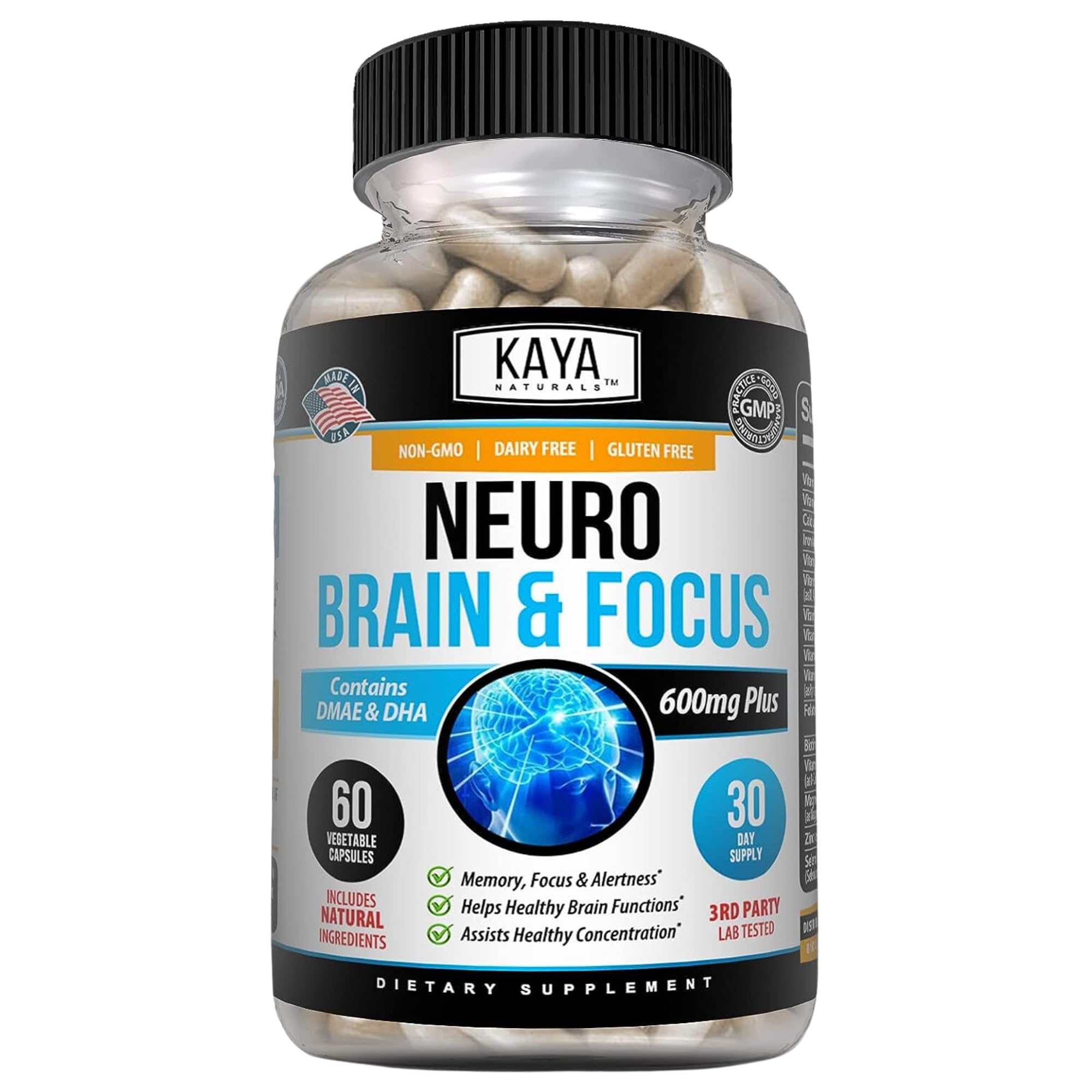 Kaya Naturals Neuro Brain bottle closeup showing focus-supporting capsules for daily use.