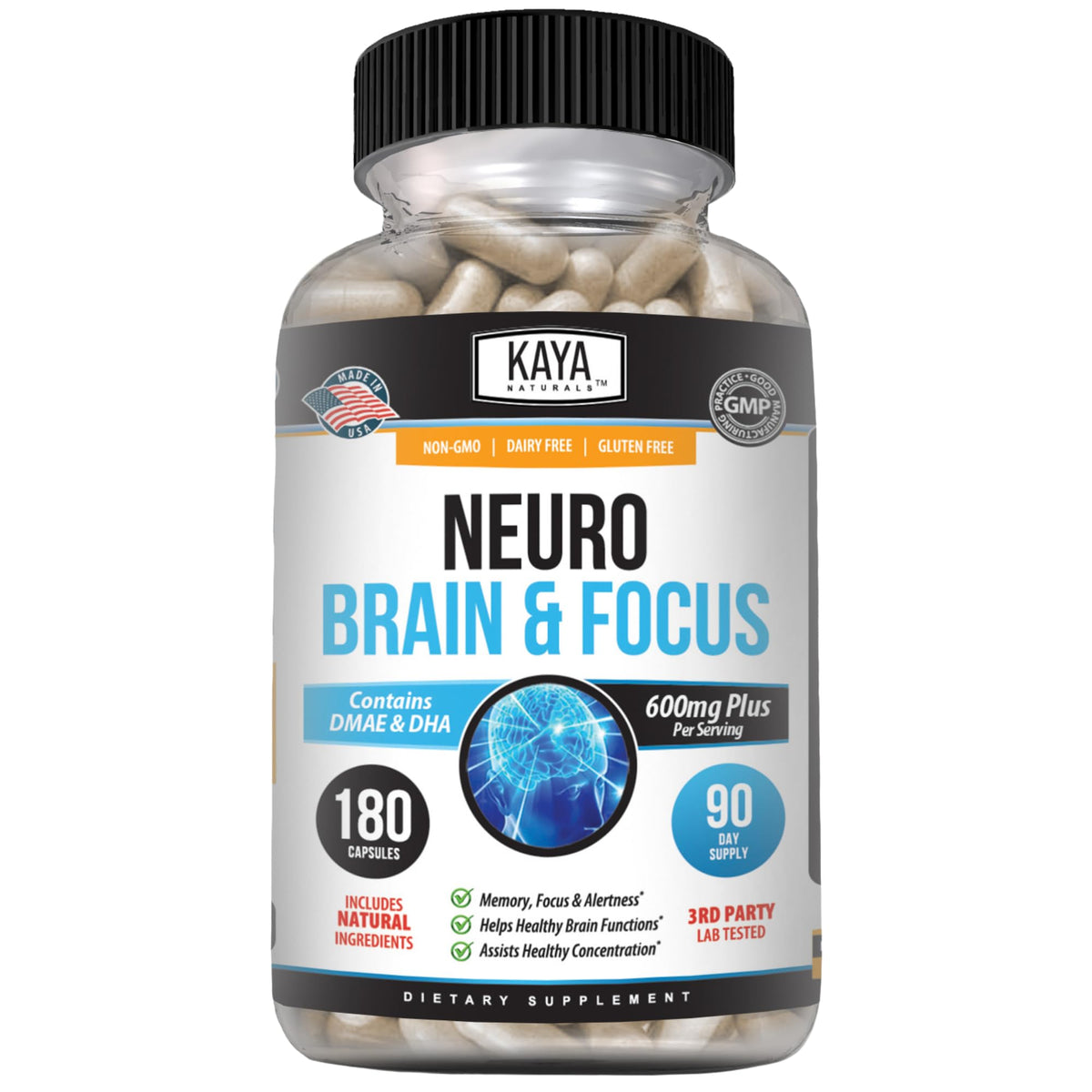 Kaya Naturals Neuro Brain bottle with capsules supports focus and memory