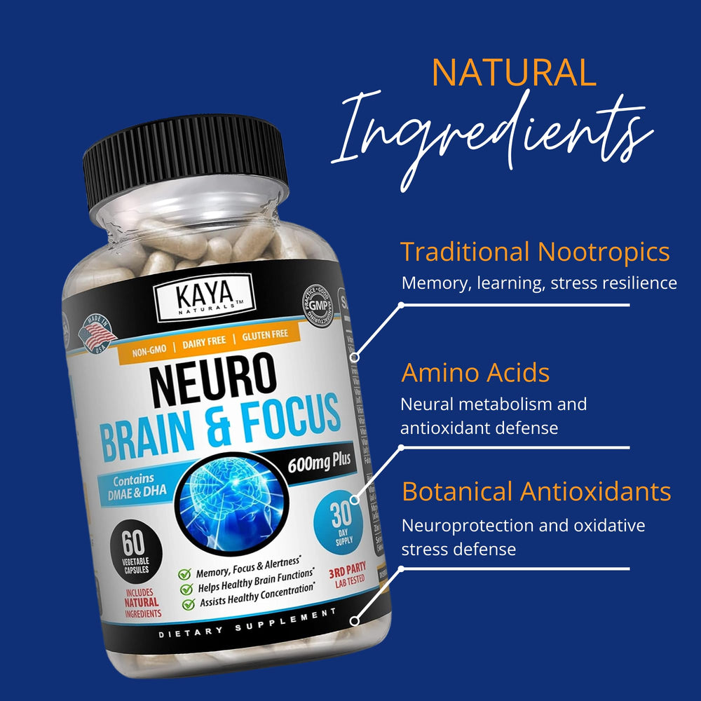 Kaya Naturals Neuro Brain energy capsules on desk suggest steady daytime performance.