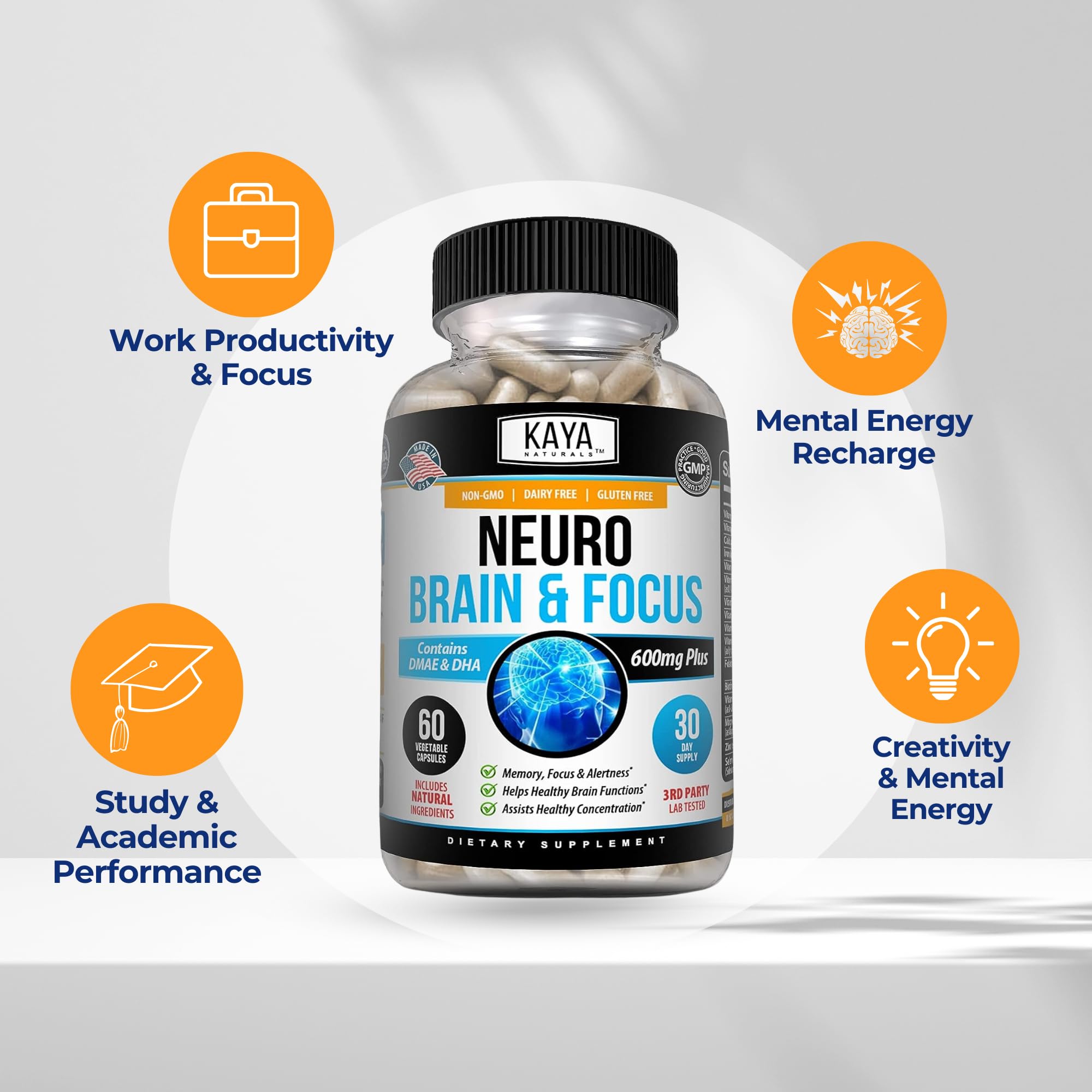 Kaya Naturals Neuro Brain pills on white tile convey clean energy and focus.