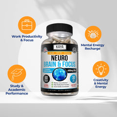 Kaya Naturals Neuro Brain pills on white tile convey clean energy and focus.