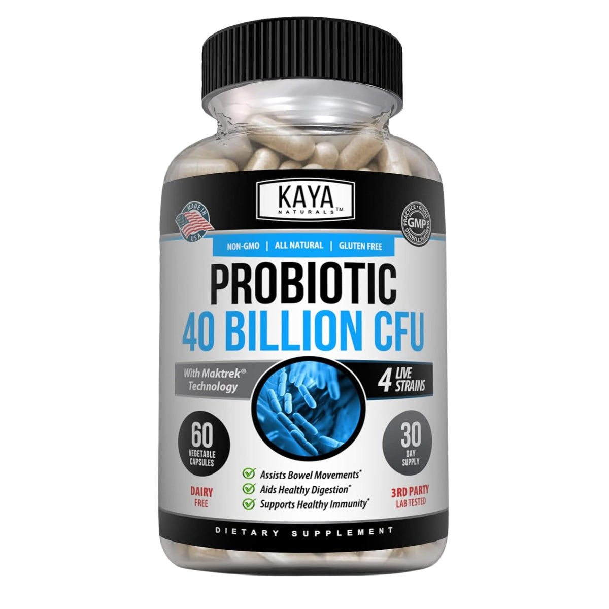 Kaya Naturals Probiotic 40B CFU bottle supports daily digestive balance.