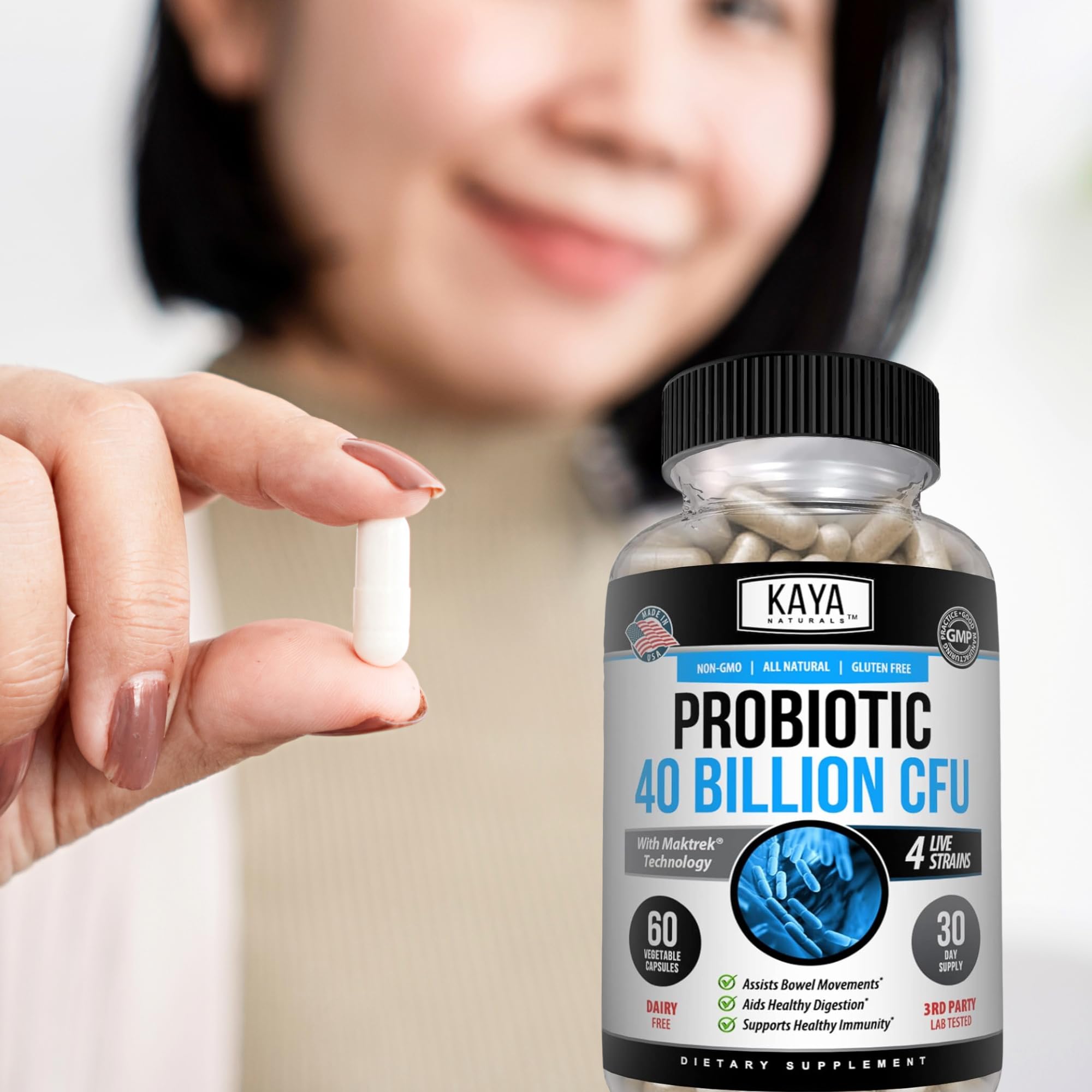 Kaya Naturals probiotic visual suggests digestive health benefits.