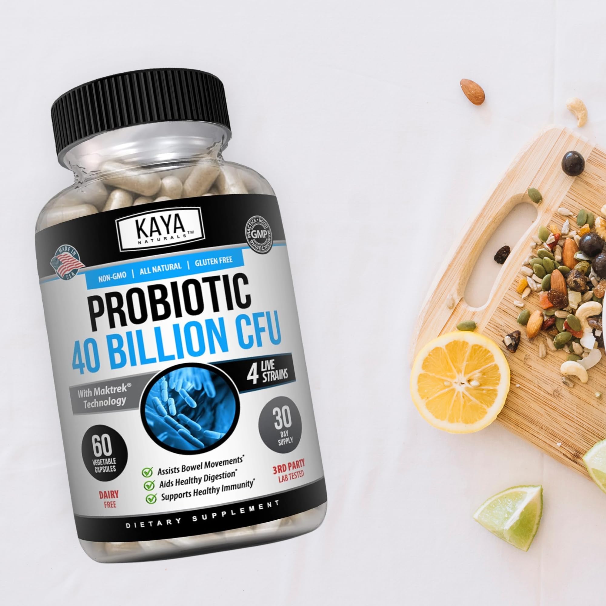Kaya Naturals supplement scene on a clean kitchen counter.