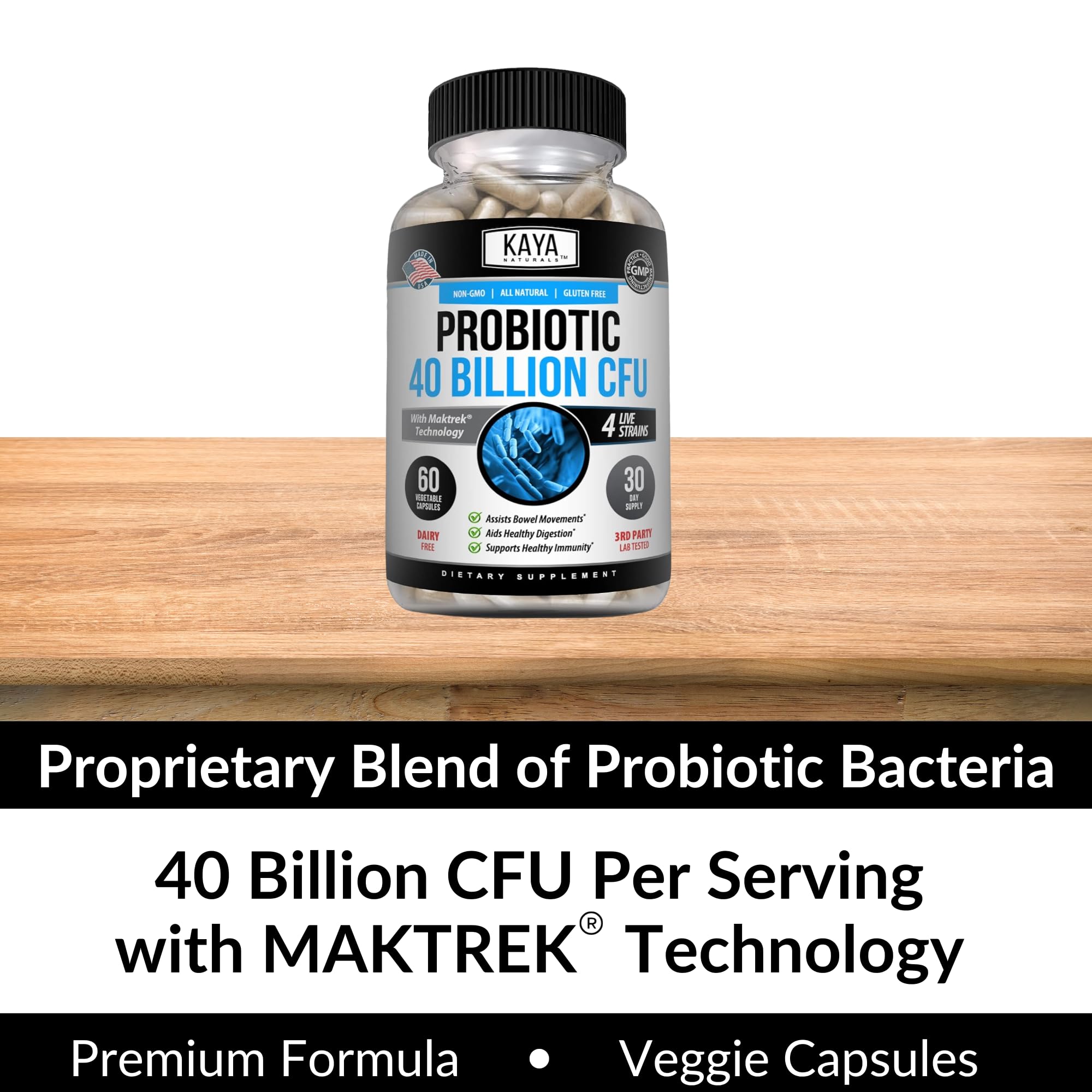 Kaya Naturals USA-bottled probiotic promises clean manufacturing.