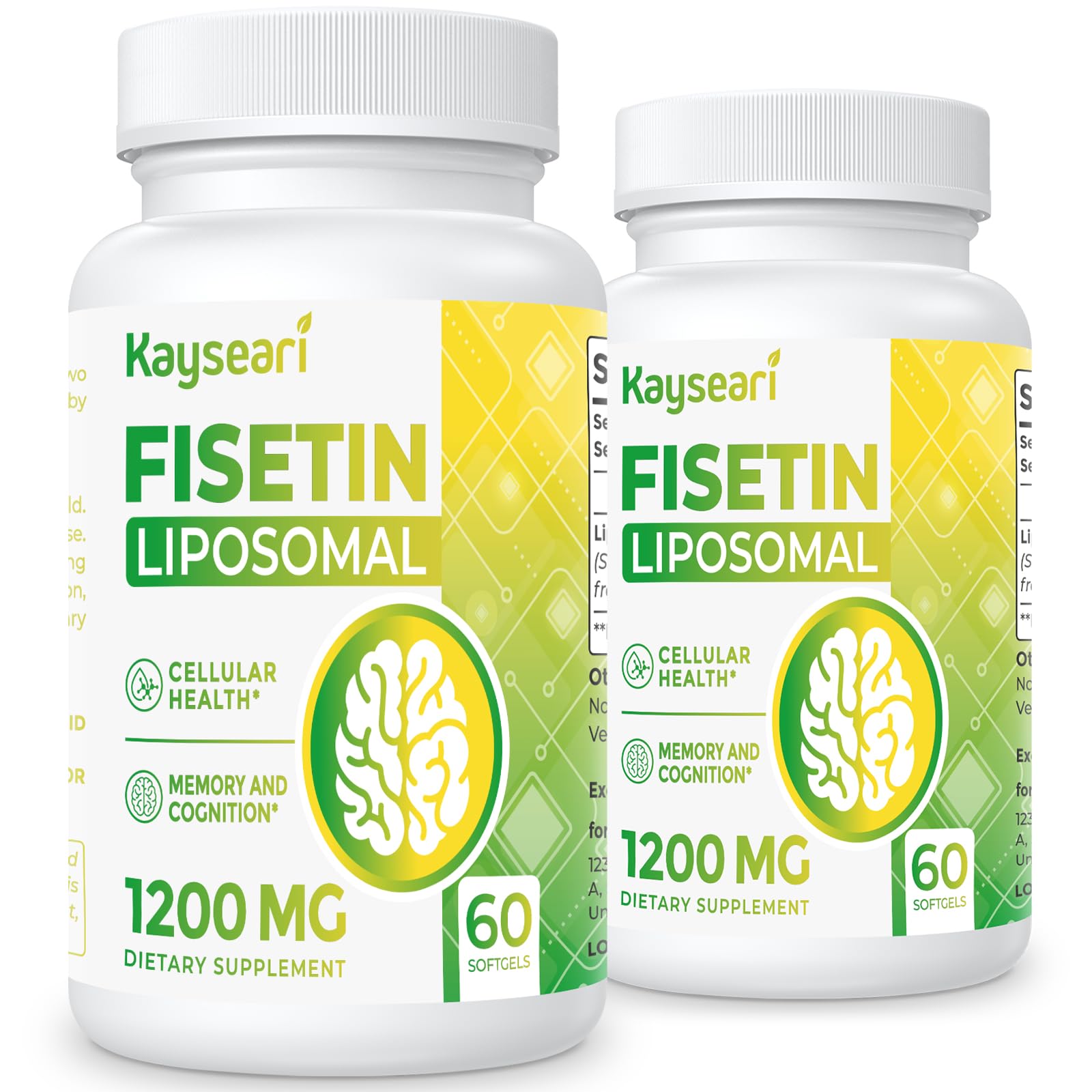 Kayseari Fisetin bottle closeup highlighting liposomal antioxidant for daily cognitive support