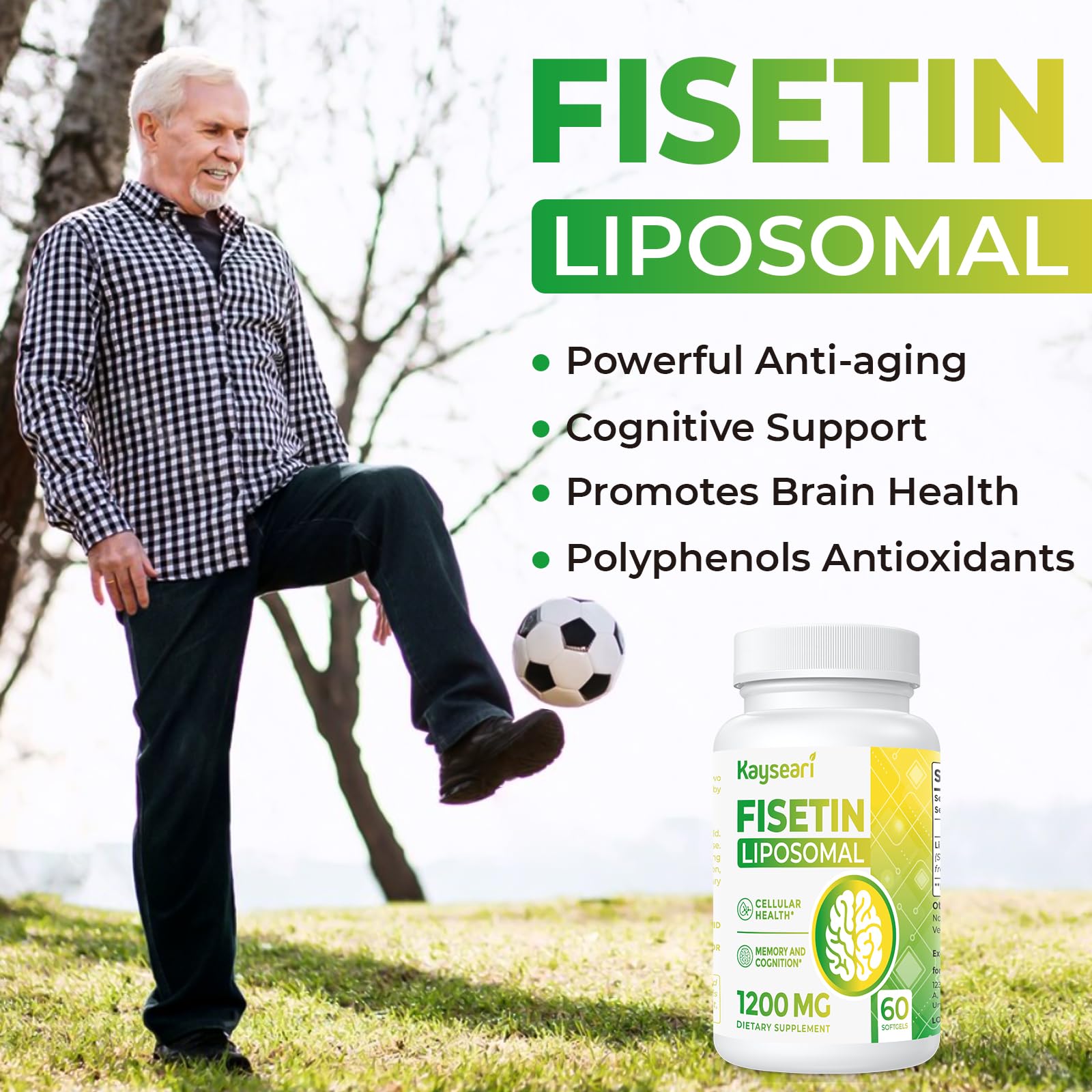 Kayseari Fisetin packaging box promoting non GMO and clean ingredients