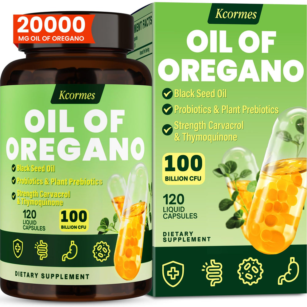 KCORMES Oil of Oregano with Black Seed Oil bottle front for immune support potential