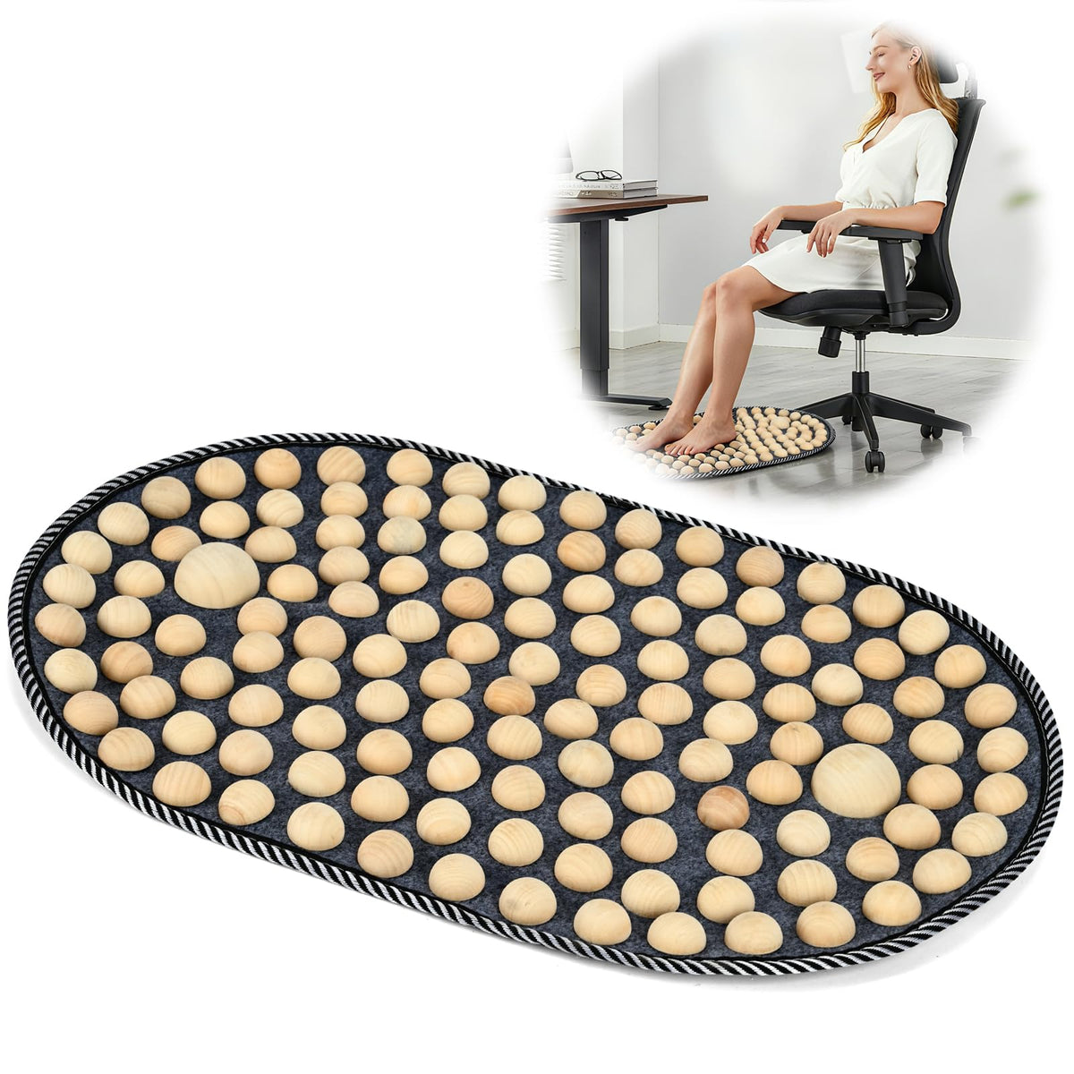 KEAJVXT feet acupressure mat with wooden beads close-up for targeted foot massage.