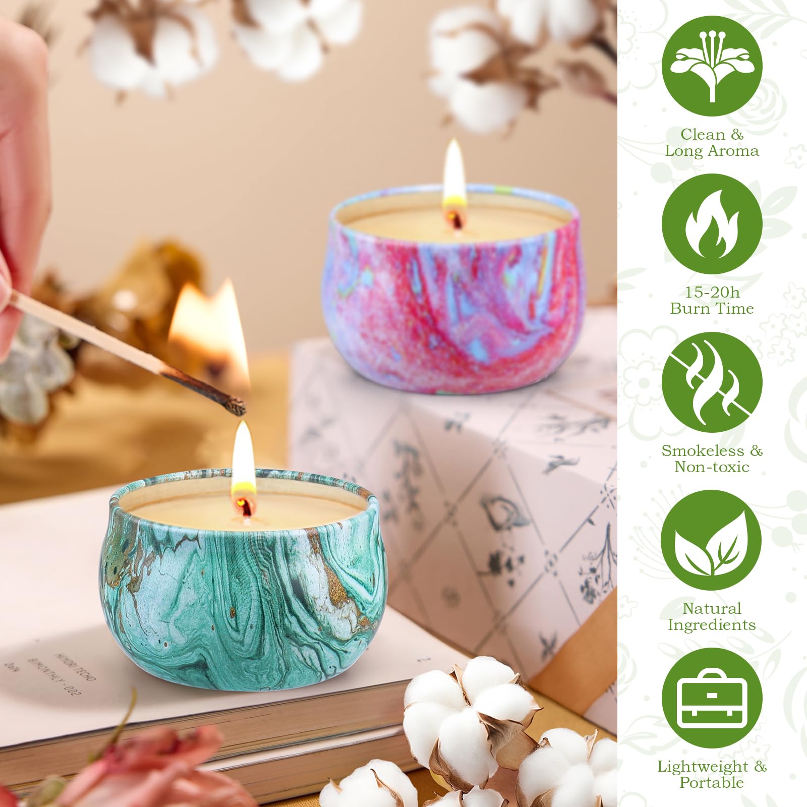 Each candle burns 25-30 hours for extended fragrance sessions.
