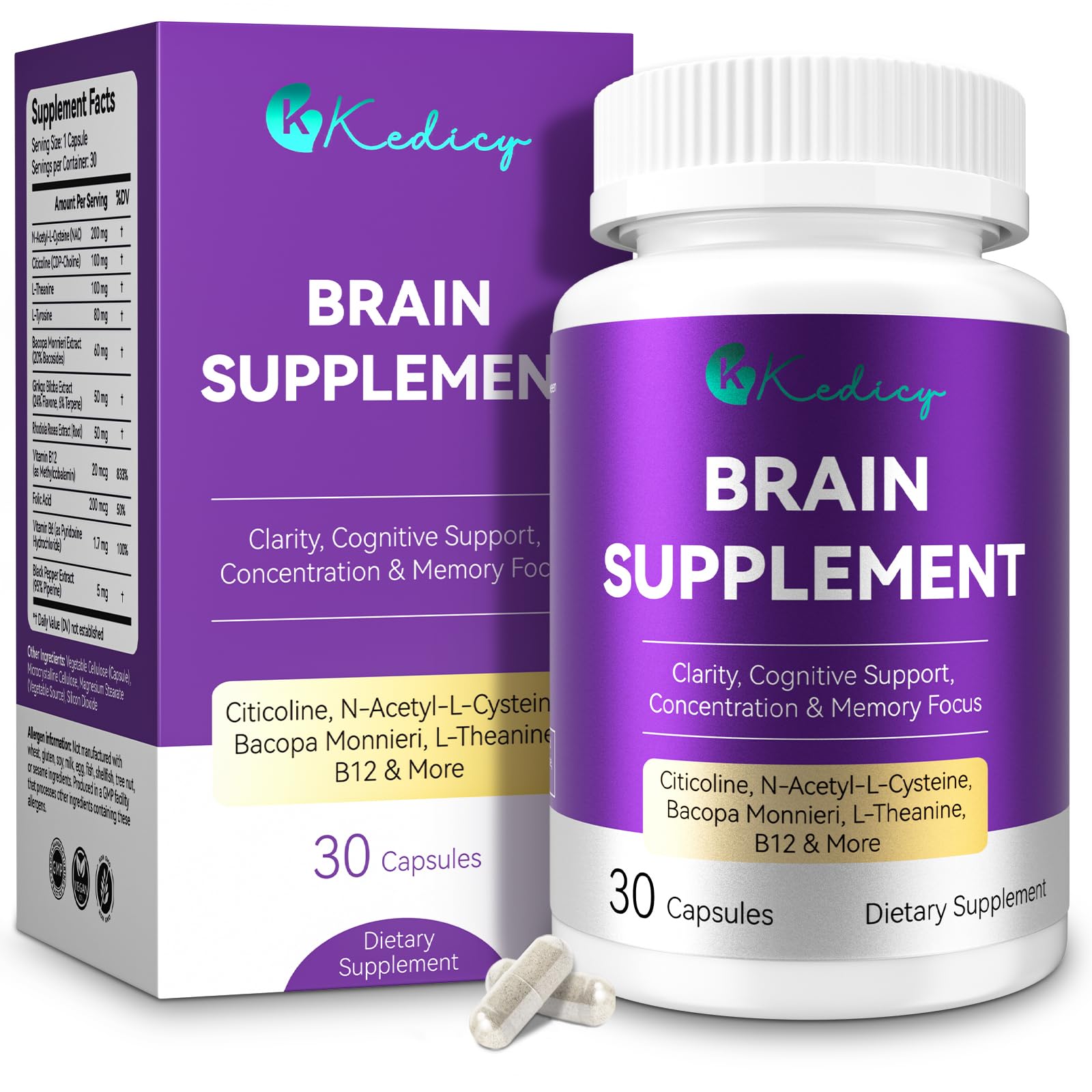 Kedicy brain supplement bottle with capsules for improved focus.