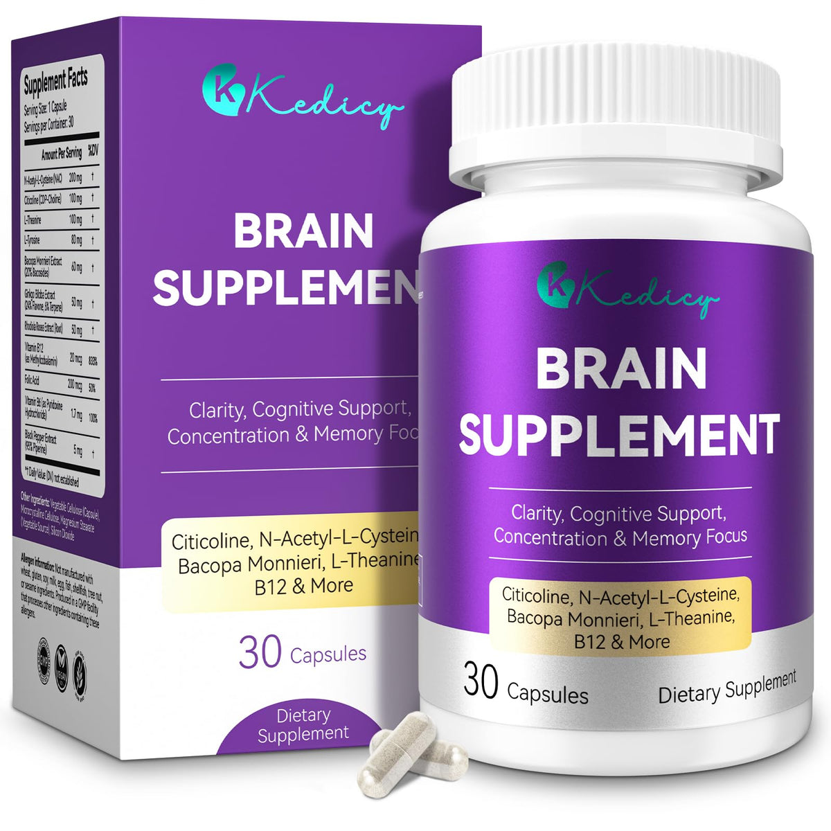 Kedicy brain supplement bottle with capsules for improved focus.