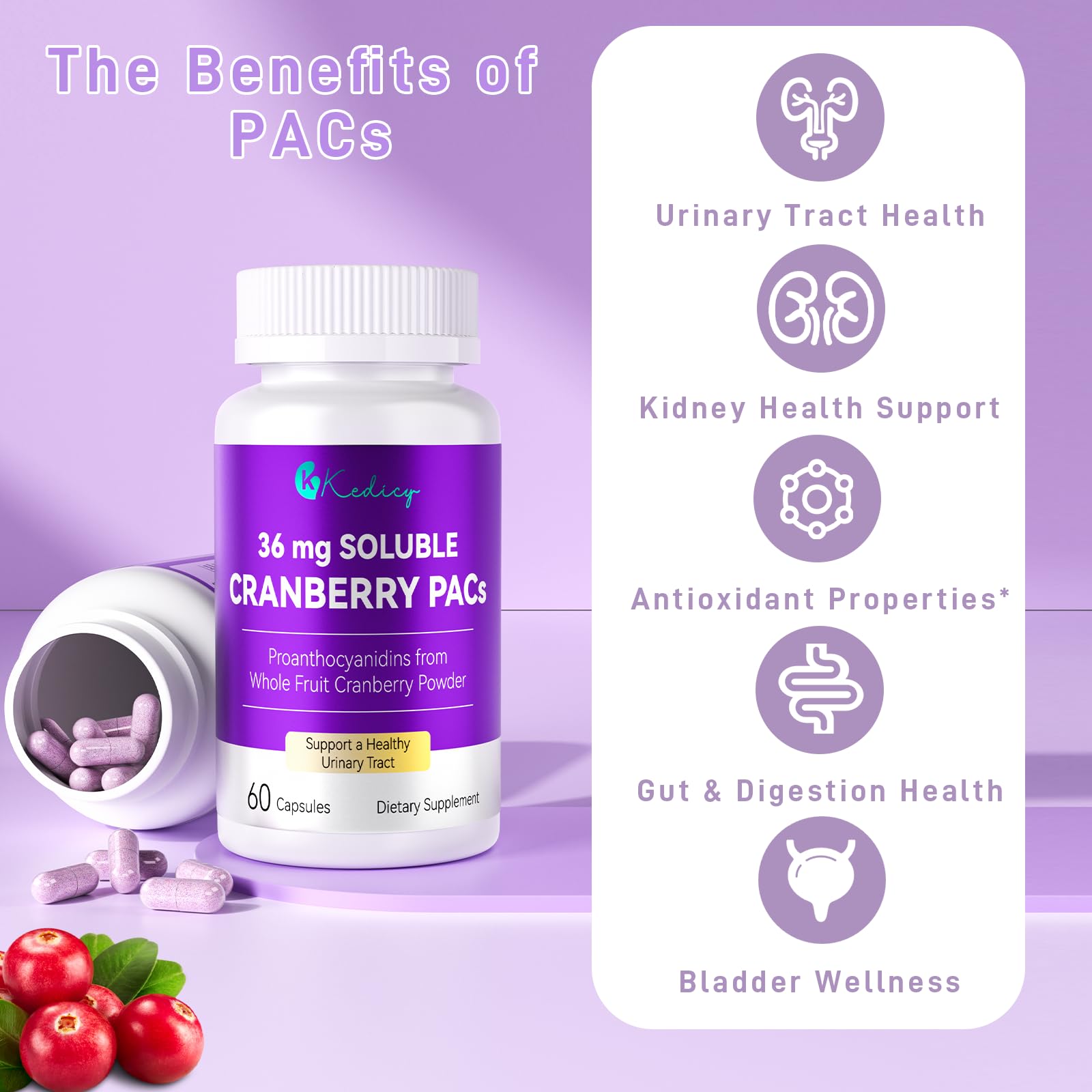 Kedicy Cranberry Pills bottle close-up with label details and origin notes.