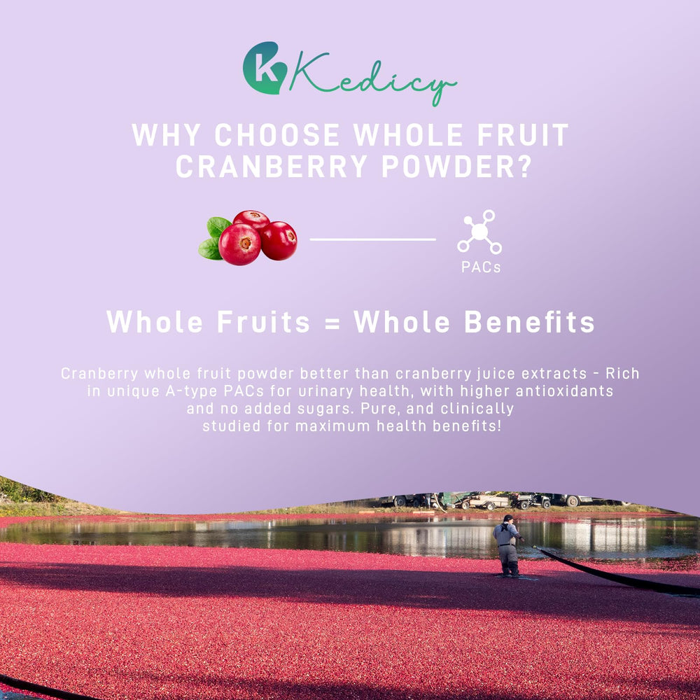 Kedicy Cranberry Pills label close-up showing no artificial additives and dairy-free.