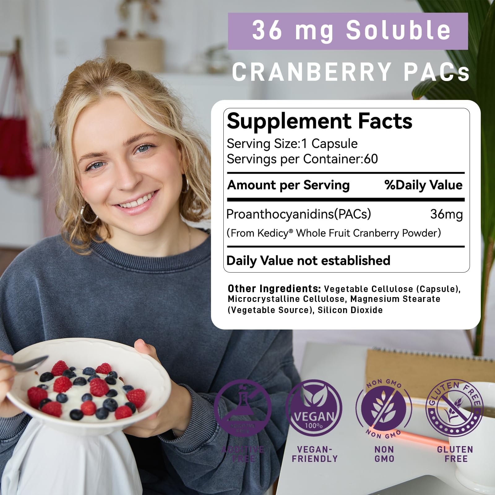 Kedicy Cranberry Pills whole fruit powder jar highlighting antioxidants and fiber.