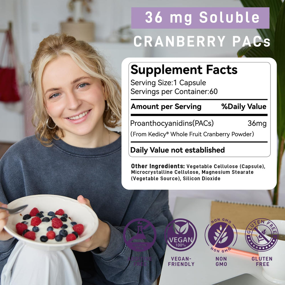 Kedicy Cranberry Pills whole fruit powder jar highlighting antioxidants and fiber.